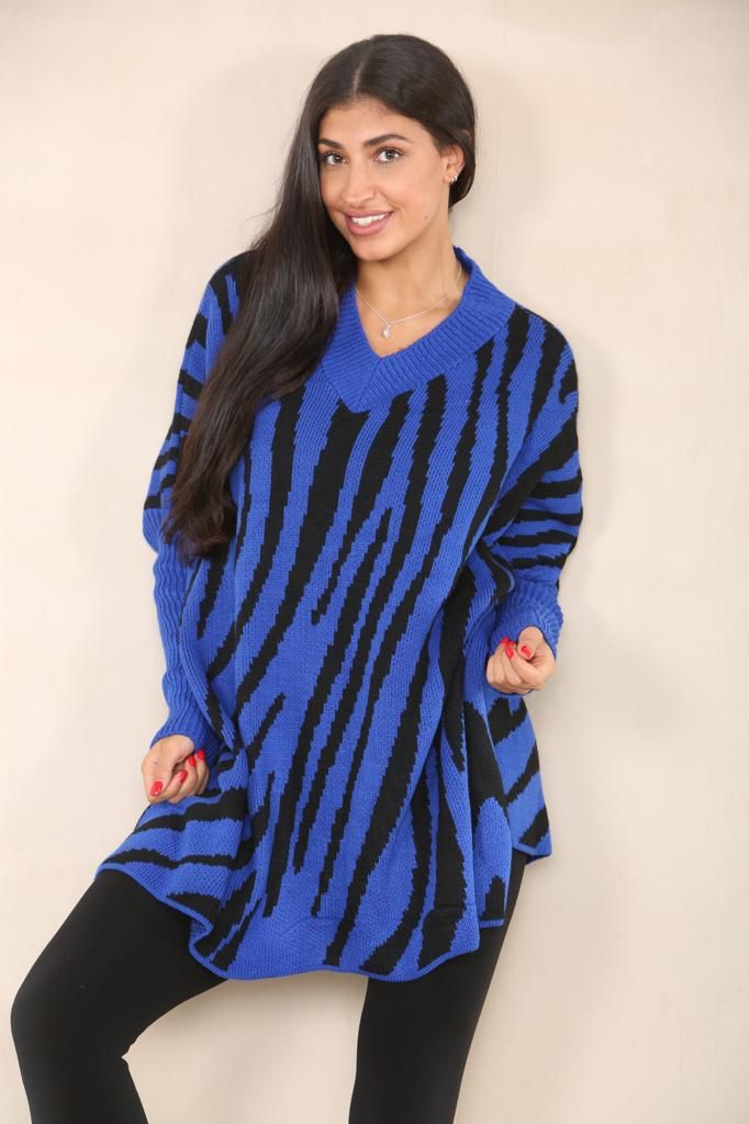 Oversized Zebra Print Jumper Top Shirts WearAll Royal Blue 12-24