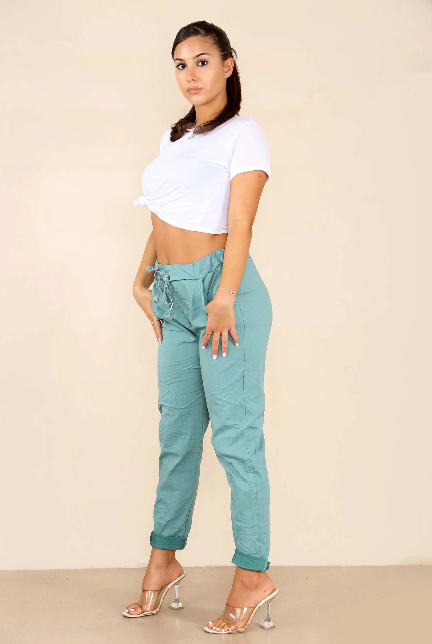 Plus Size Italian Glitter Drawstring Waistband Magic Pants Trouser WearAll