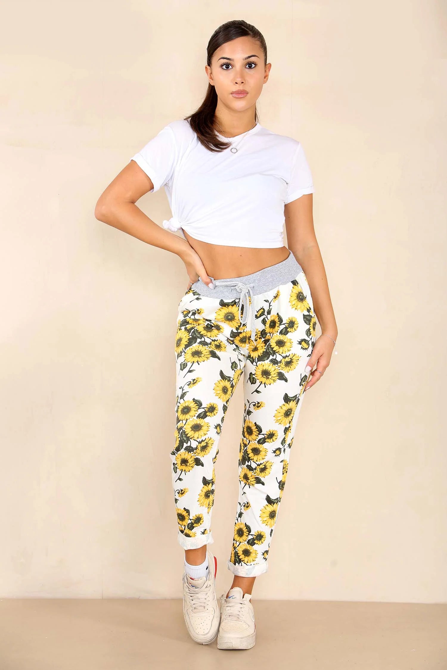 Italian Sunflower Print Drawstring Cotton Joggers Trouser WearAll White 8