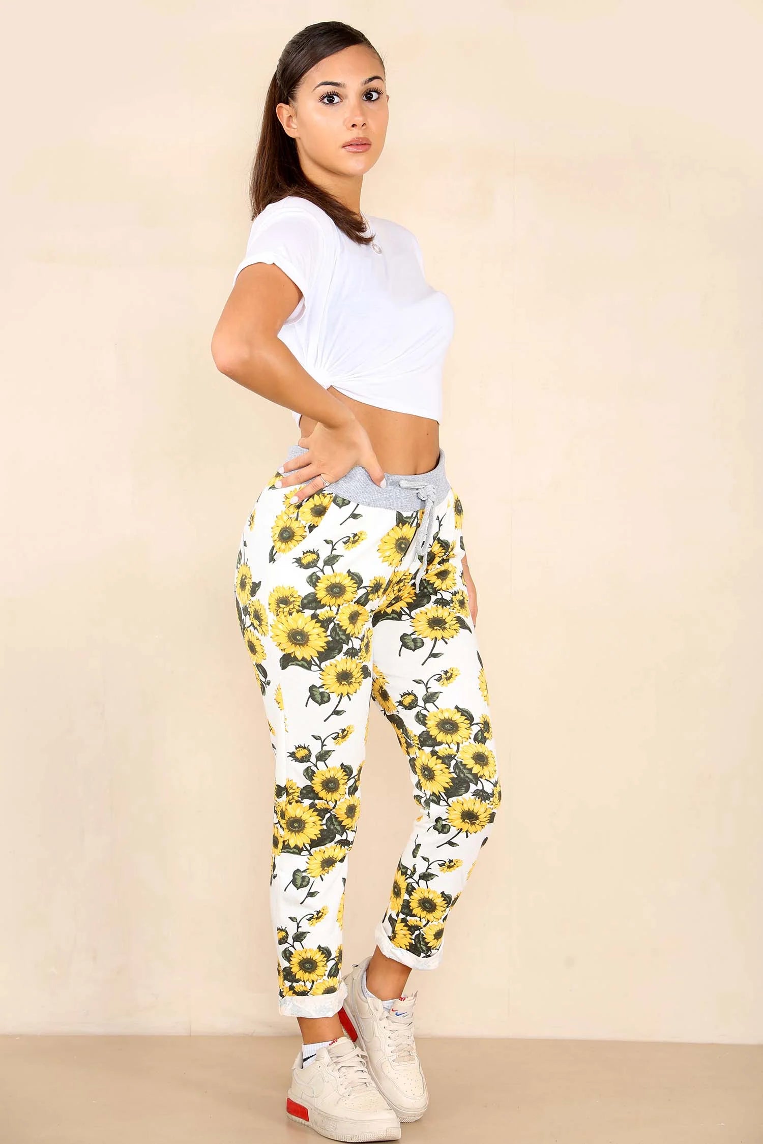 Italian Sunflower Print Drawstring Cotton Joggers Trouser WearAll