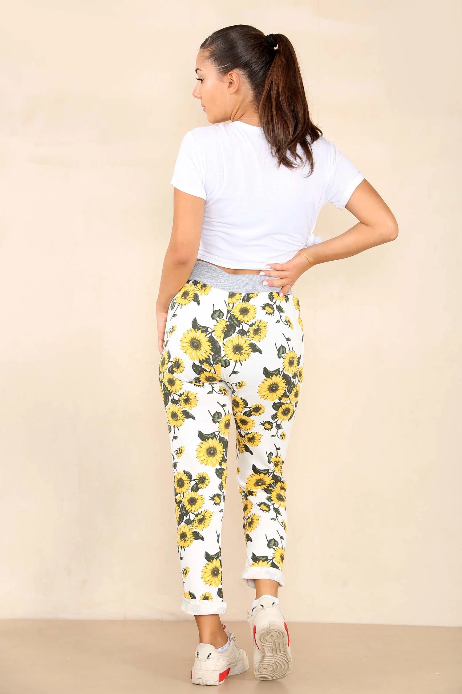 Italian Sunflower Print Drawstring Cotton Joggers Trouser WearAll