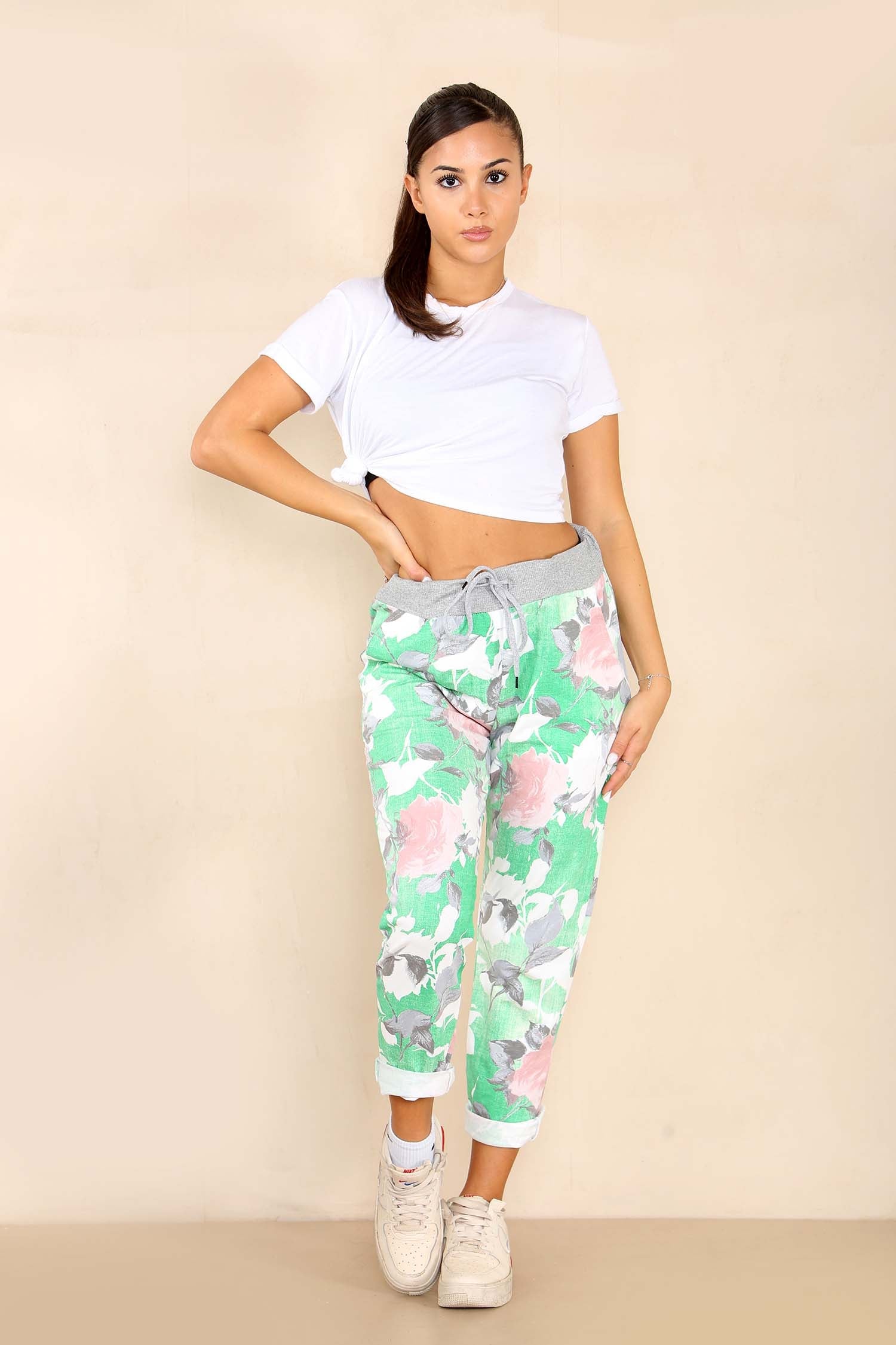 Plus Size Italian Rose Flower Print Drawstring Cotton Joggers Trousers WearAll