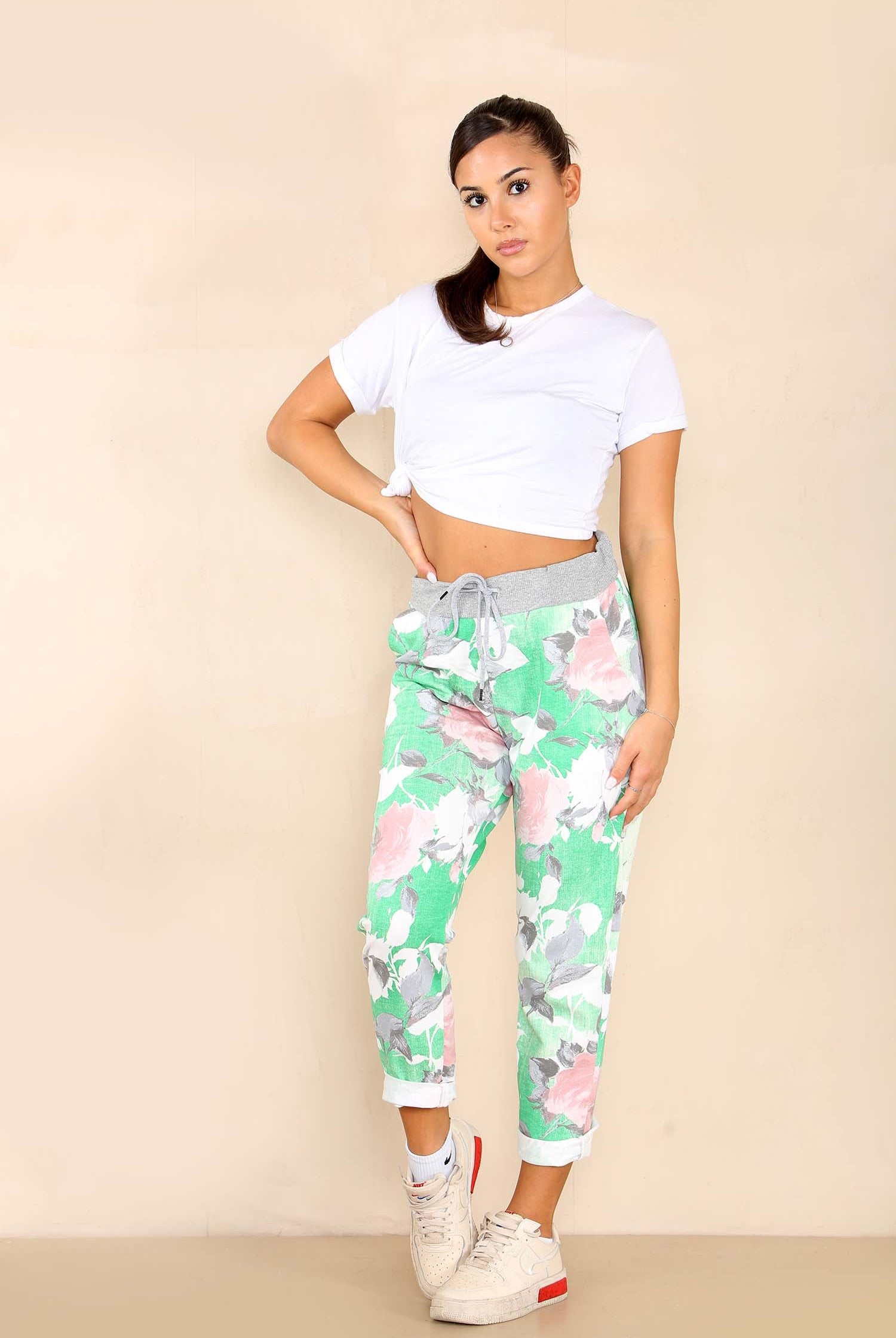 Italian Rose Flower Print Drawstring Cotton Joggers Trousers WearAll