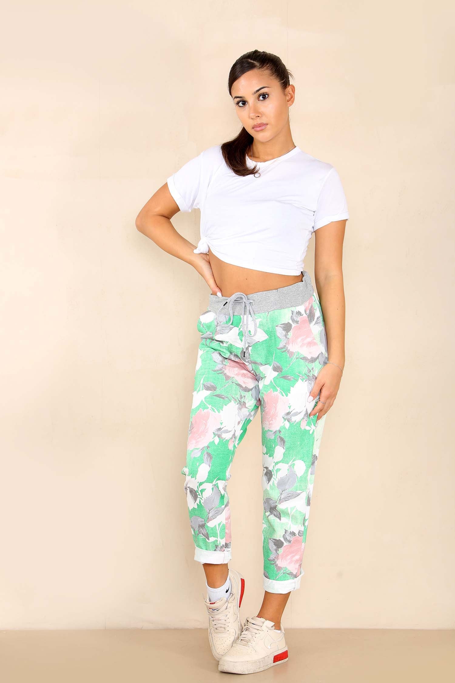 Plus Size Italian Rose Flower Print Drawstring Cotton Joggers Trousers WearAll