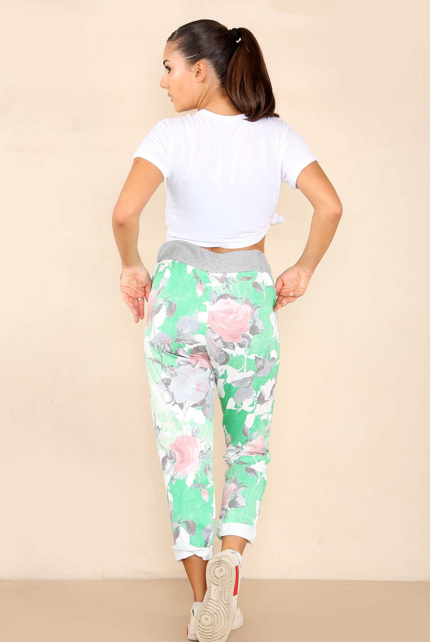 Italian Rose Flower Print Drawstring Cotton Joggers Trousers WearAll