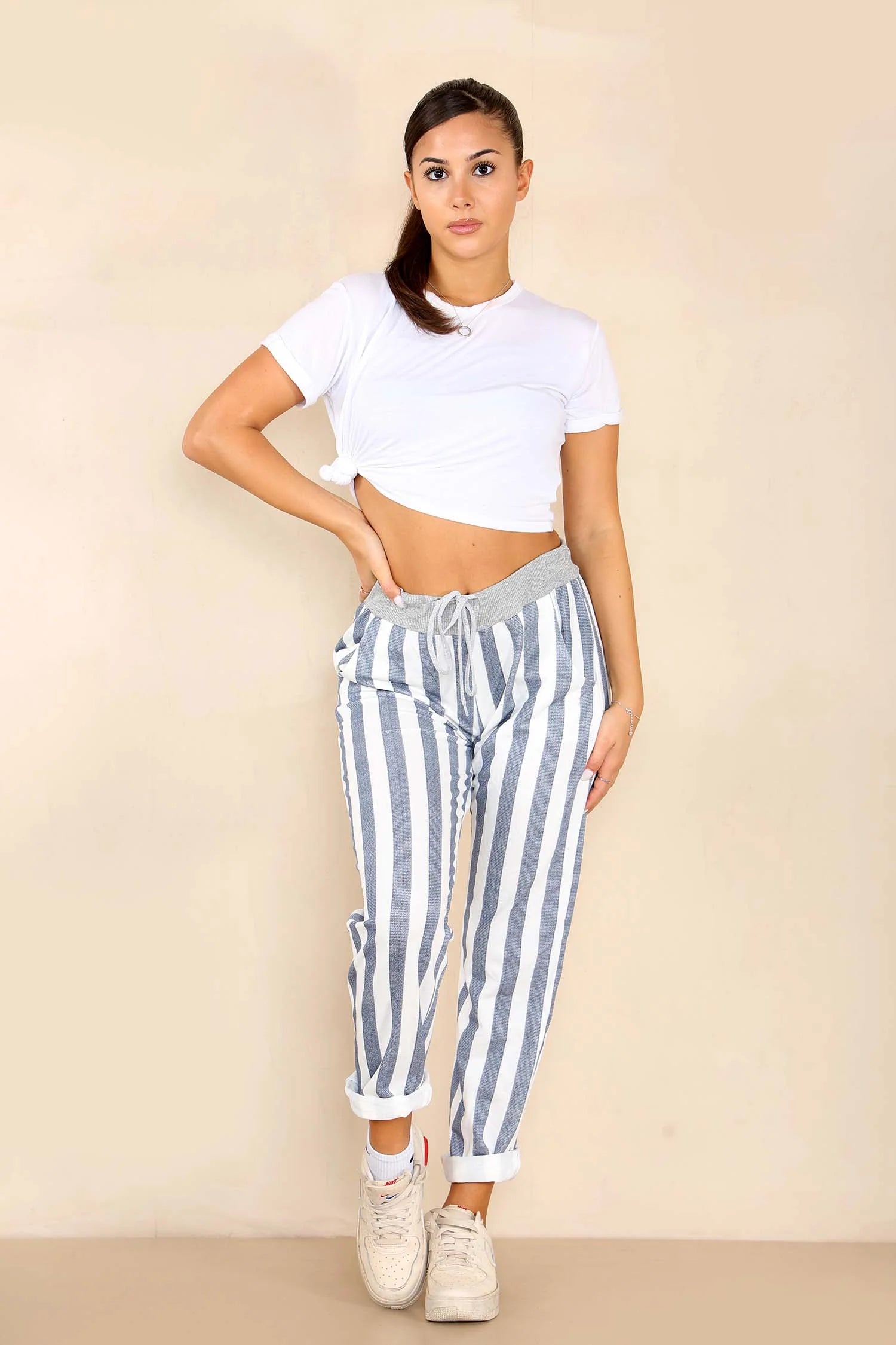 Italian Striped Print Drawstring Cotton Joggers Trouser WearAll