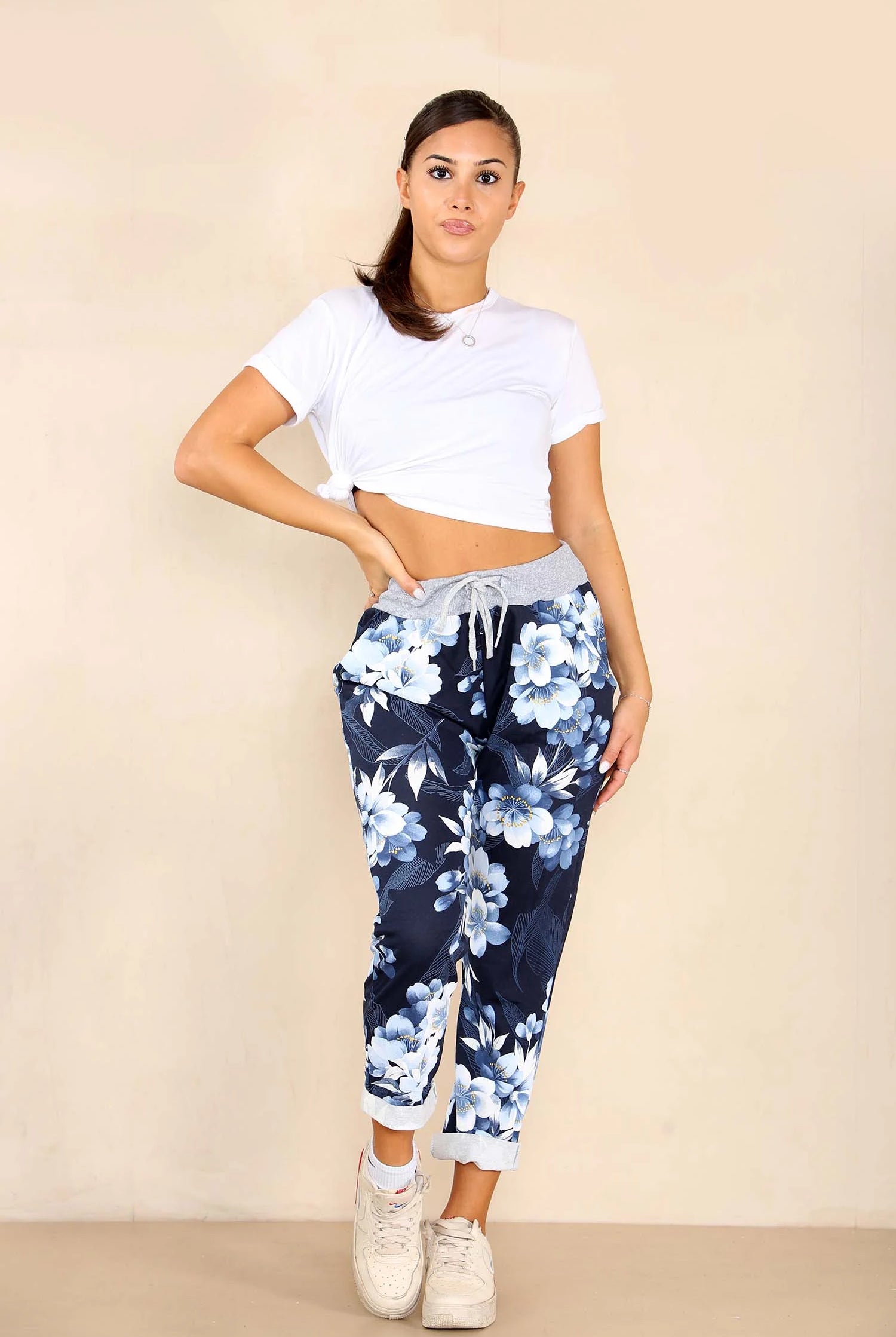Italian Lily Print Drawstring Cotton Joggers Trouser WearAll
