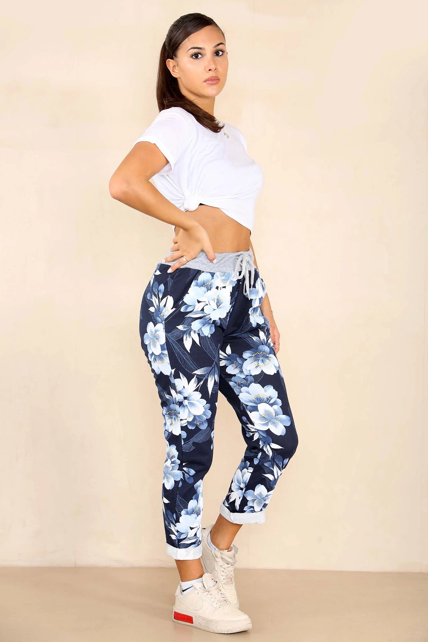 Italian Lily Print Drawstring Cotton Joggers Trouser WearAll