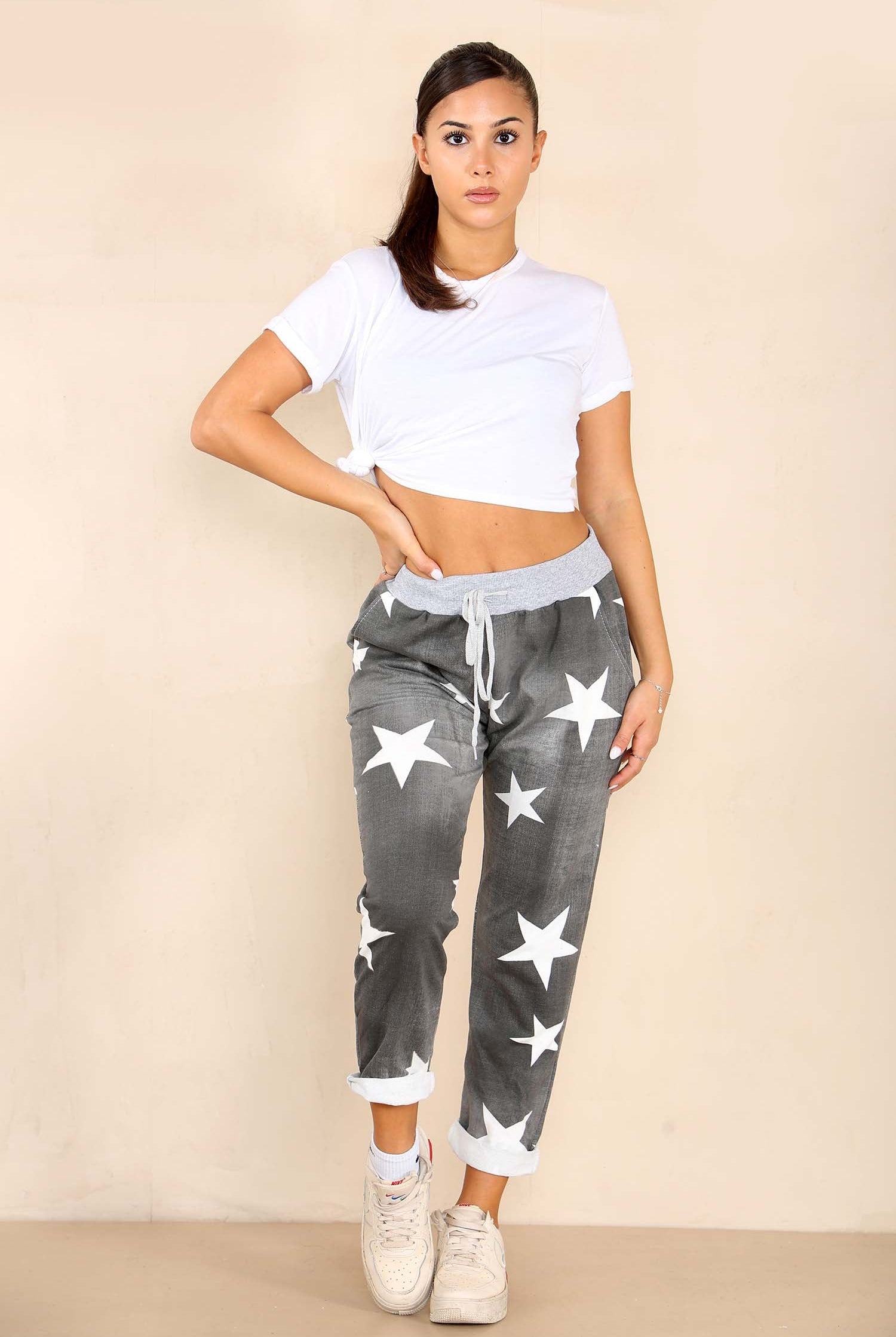 Plus Size Italian Star Print Drawstring Cotton Joggers Trousers WearAll Black 16