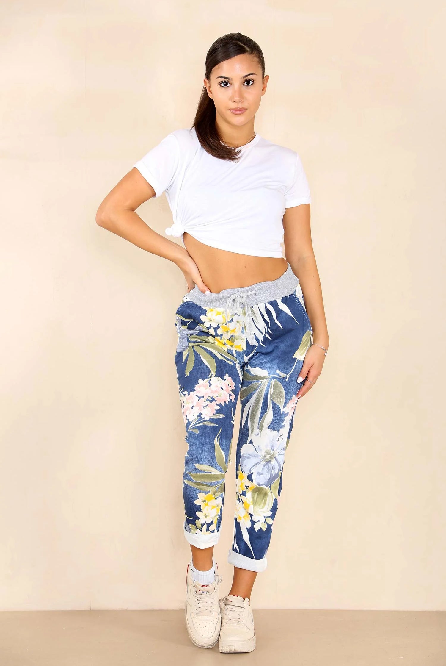 Plus Size Italian Floral Print Drawstring Cotton Joggers - Denim Blue Trouser WearAll