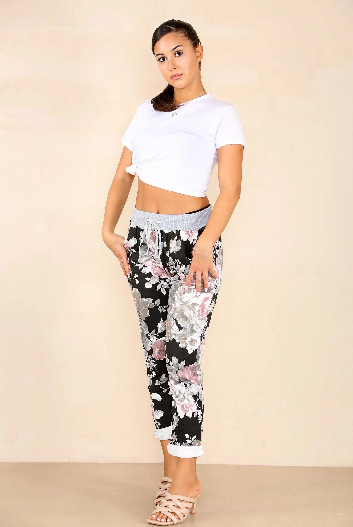Italian Floral Print Drawstring Cotton Joggers - Black & Blue Trouser WearAll