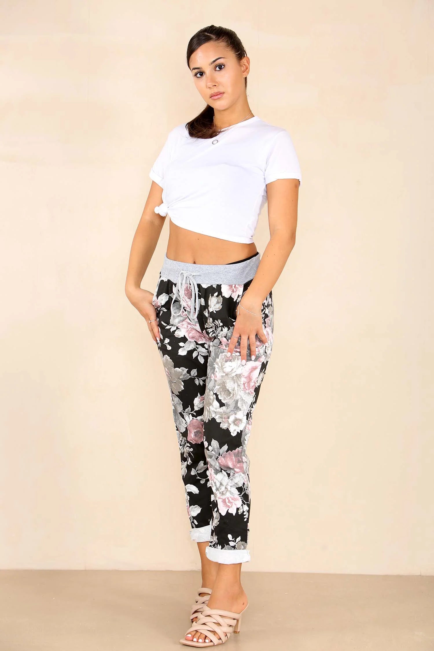 Italian Floral Print Drawstring Cotton Joggers - Black & Blue Trouser WearAll