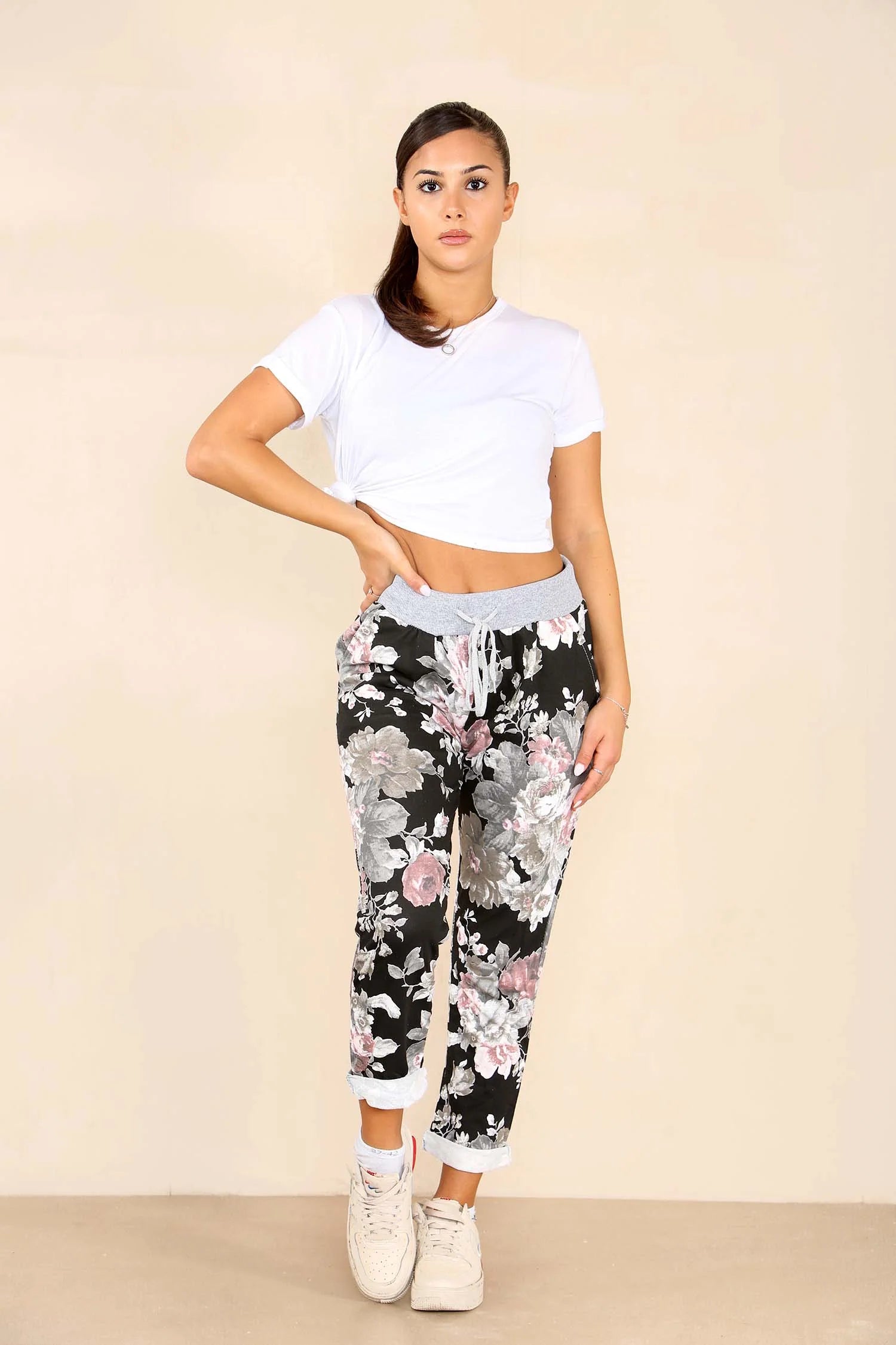 Italian Floral Print Drawstring Cotton Joggers - Black & Blue Trouser WearAll