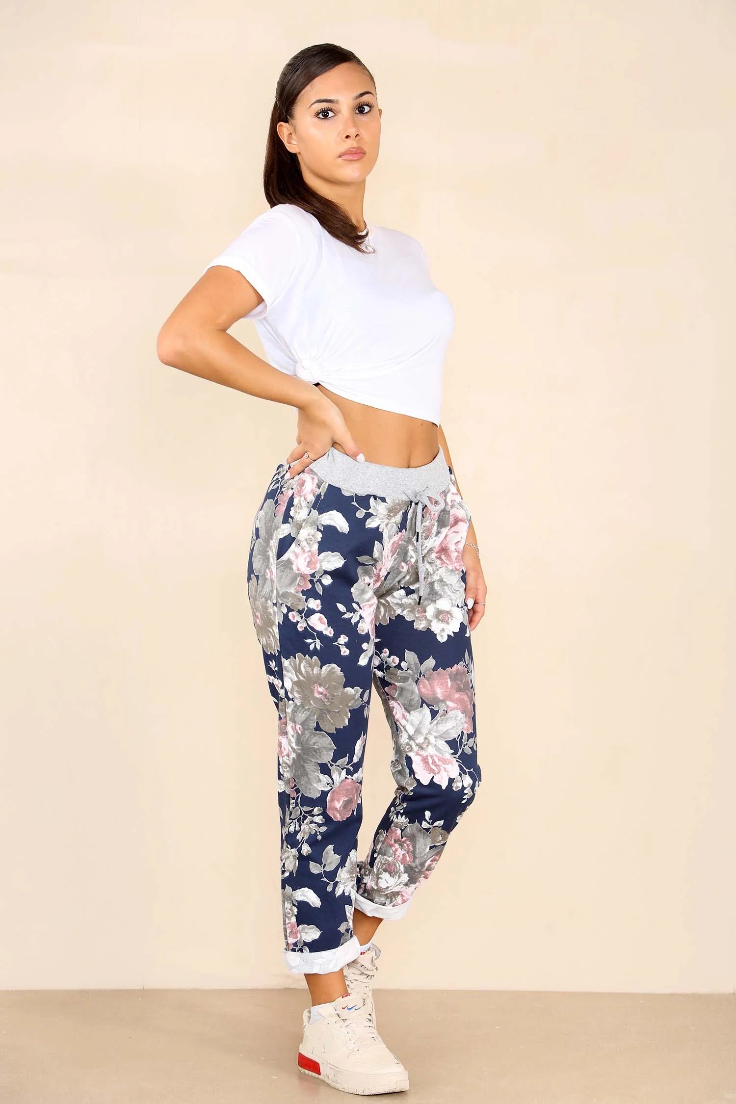 Italian Floral Print Drawstring Cotton Joggers - Black & Blue Trouser WearAll