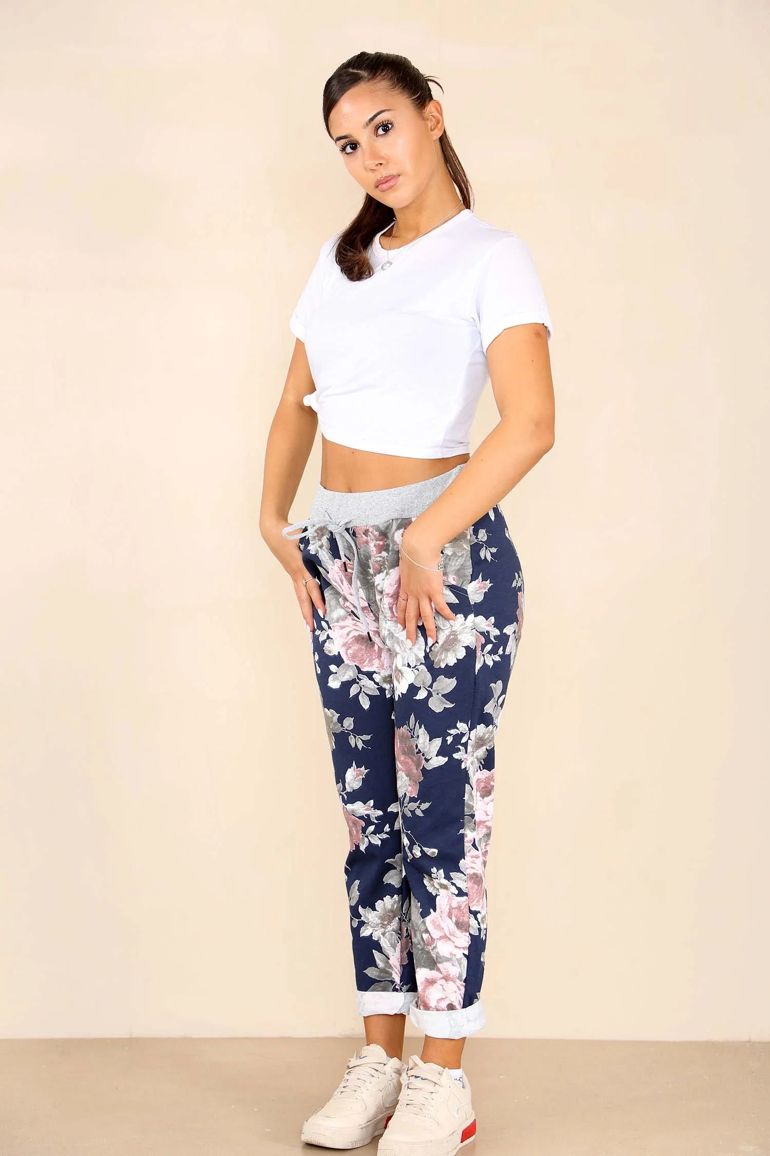Italian Floral Print Drawstring Cotton Joggers - Black & Blue Trouser WearAll