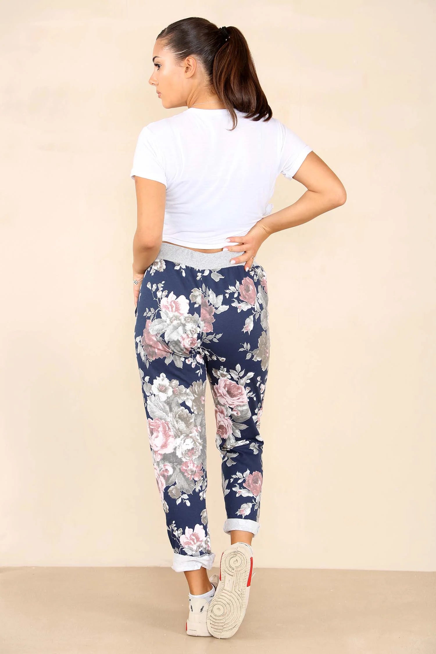 Italian Floral Print Drawstring Cotton Joggers - Black & Blue Trouser WearAll