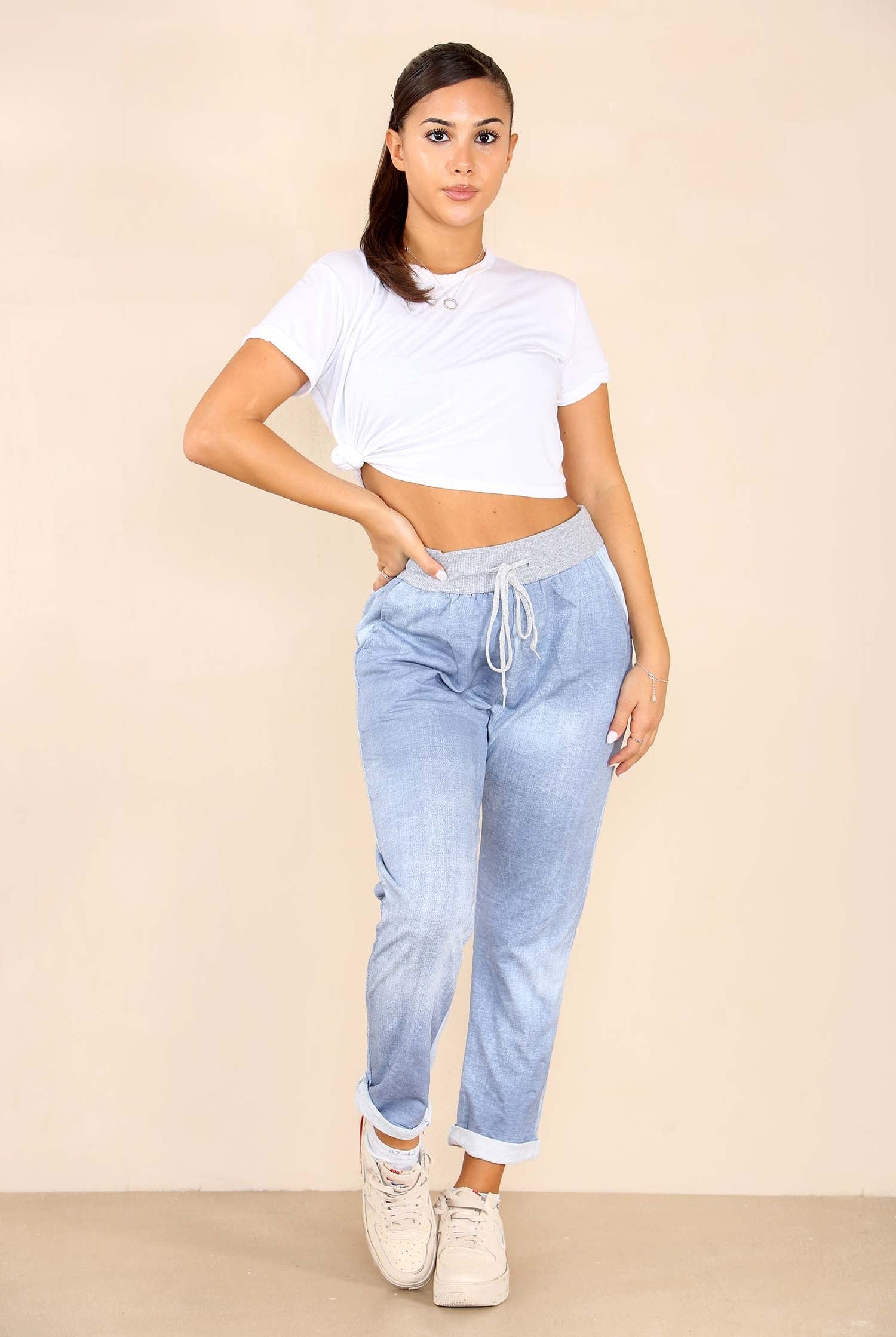 Plus Size Italian Plain Drawstring Cotton Joggers Trouser WearAll Light Denim 16