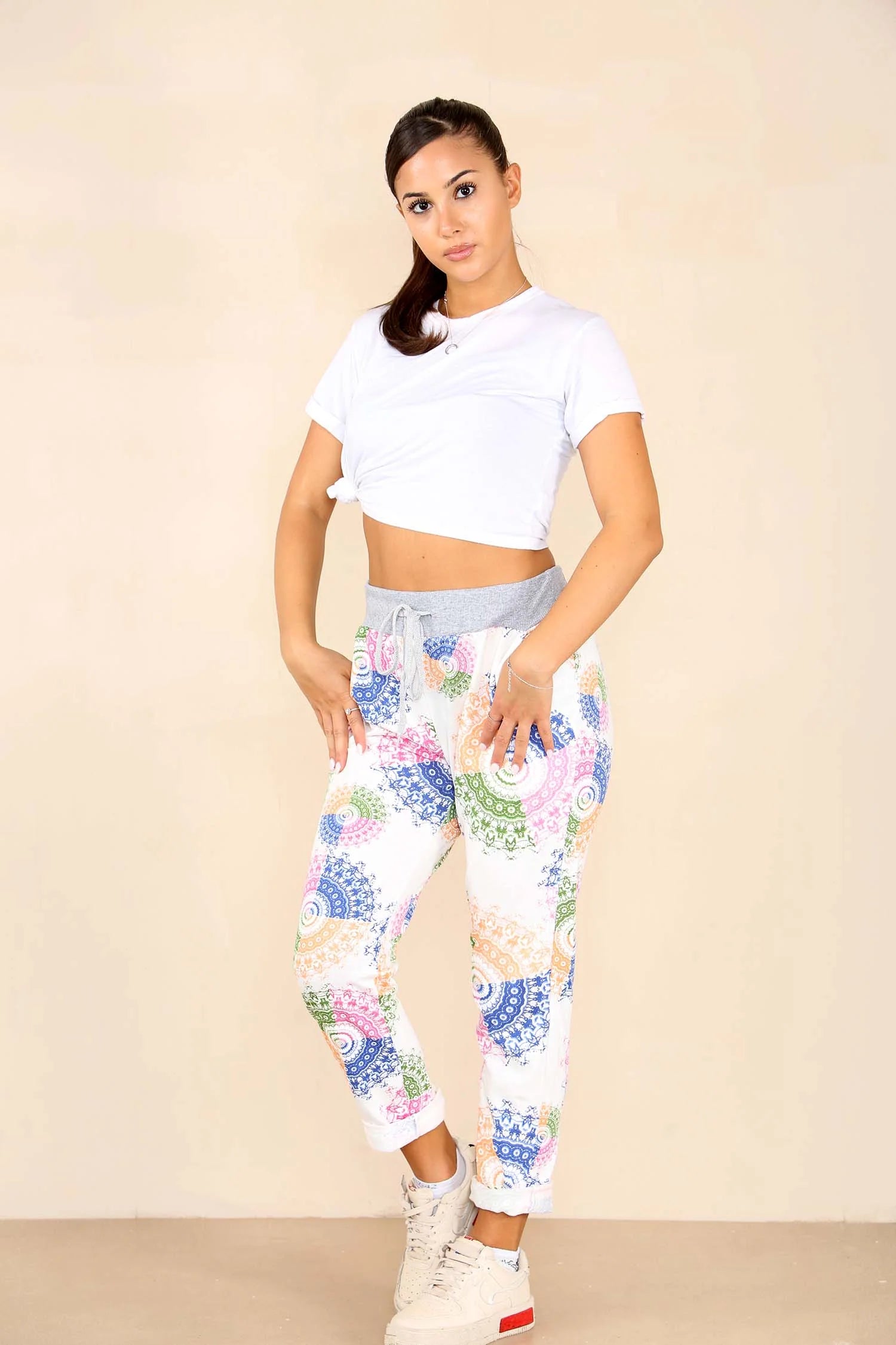 Italian Aboriginal Print Drawstring Cotton Joggers Trouser WearAll White 8