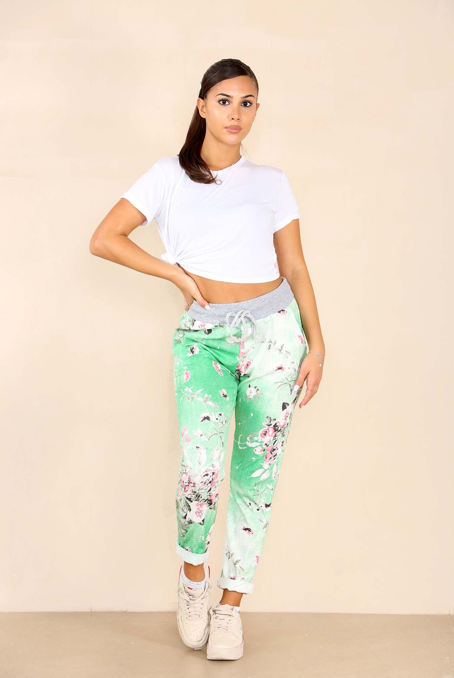 Italian Floral Print Drawstring Cotton Joggers - Black Blue Pink Pista Lime Green Trousers WearAll Pista 8