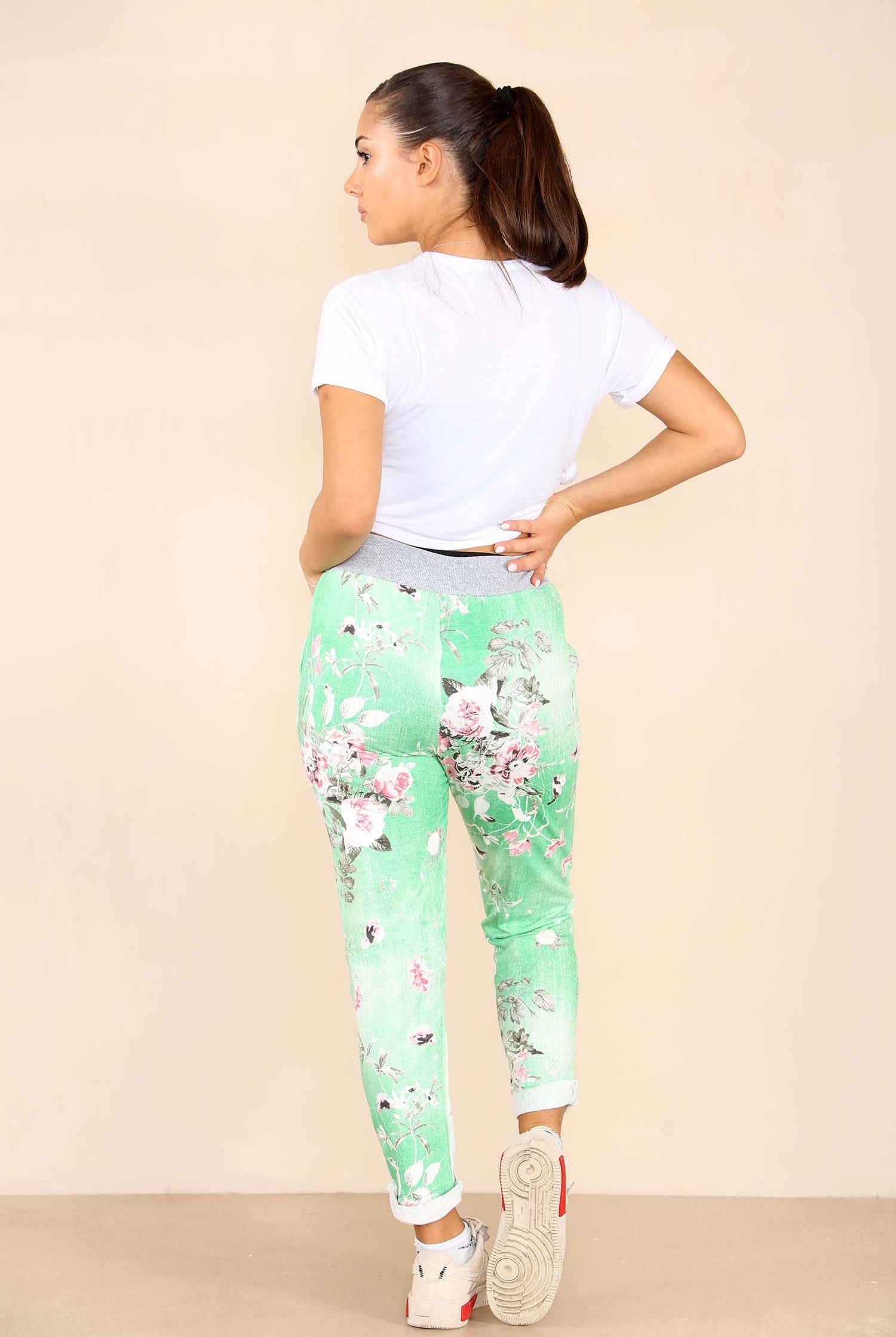 Italian Floral Print Drawstring Cotton Joggers - Black Blue Pink Pista Lime Green Trousers WearAll