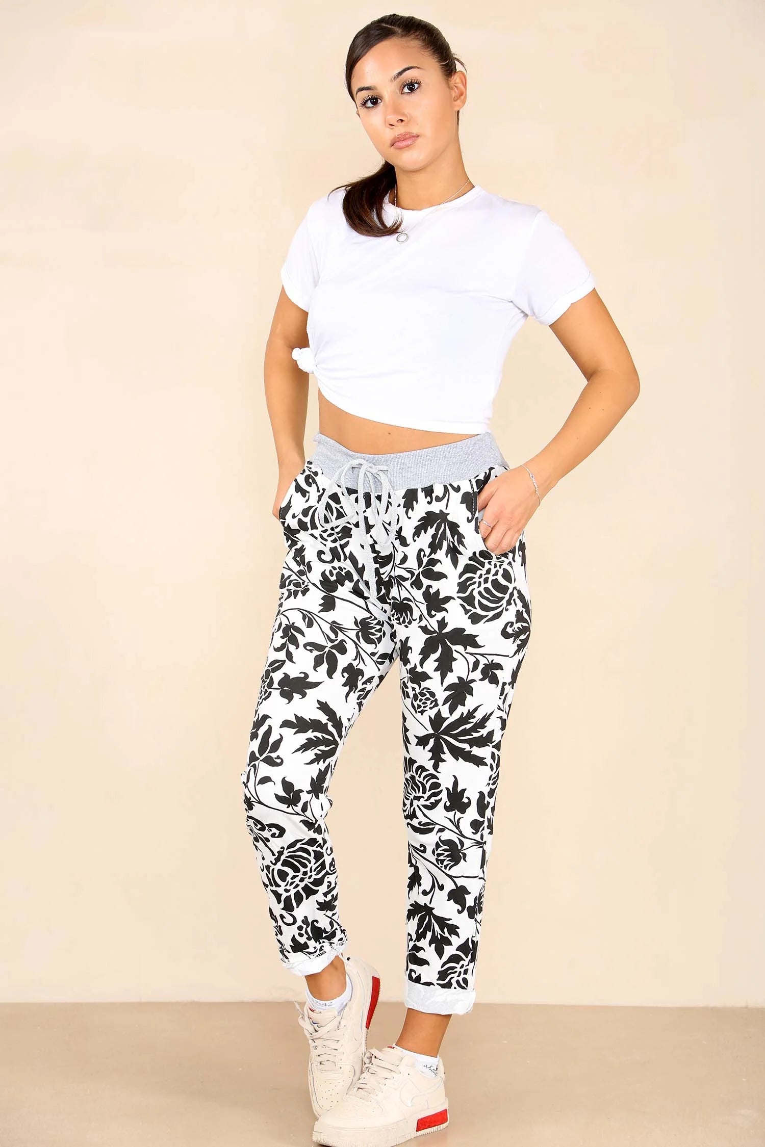 Italian Leaf Print Drawstring Cotton Joggers Trouser WearAll