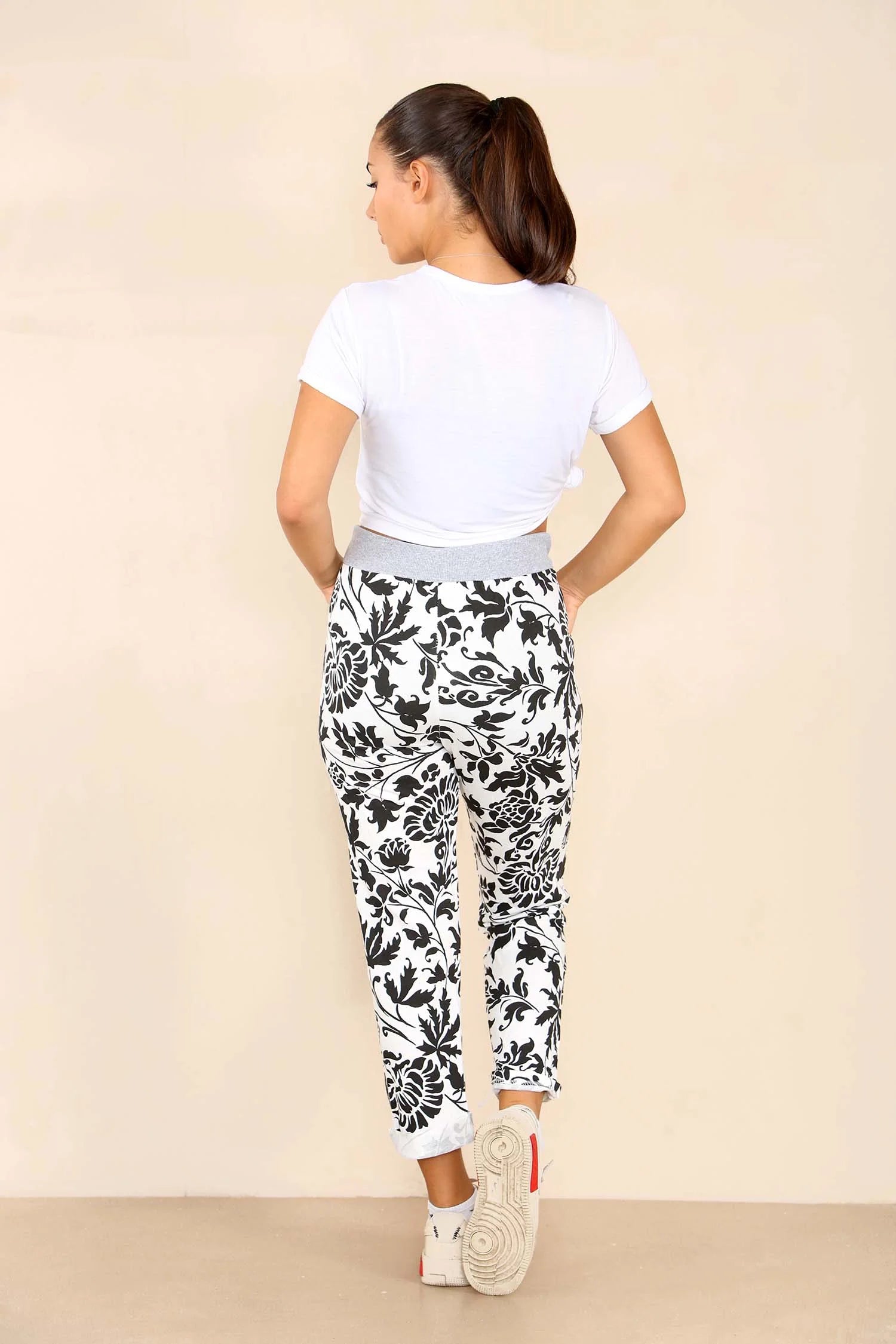 Italian Leaf Print Drawstring Cotton Joggers Trouser WearAll