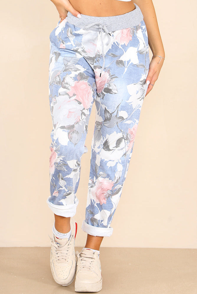 Italian Rose Flower Print Drawstring Cotton Joggers Trousers WearAll Sky Blue 8