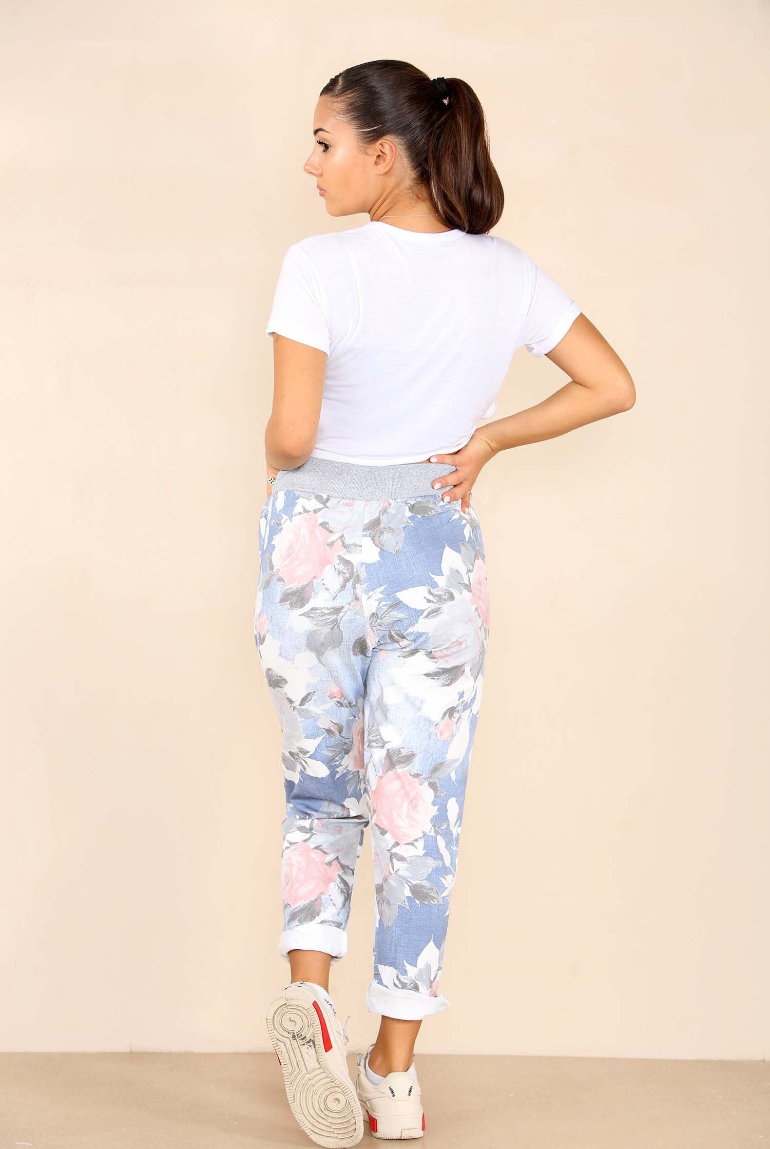 Italian Rose Flower Print Drawstring Cotton Joggers Trousers WearAll