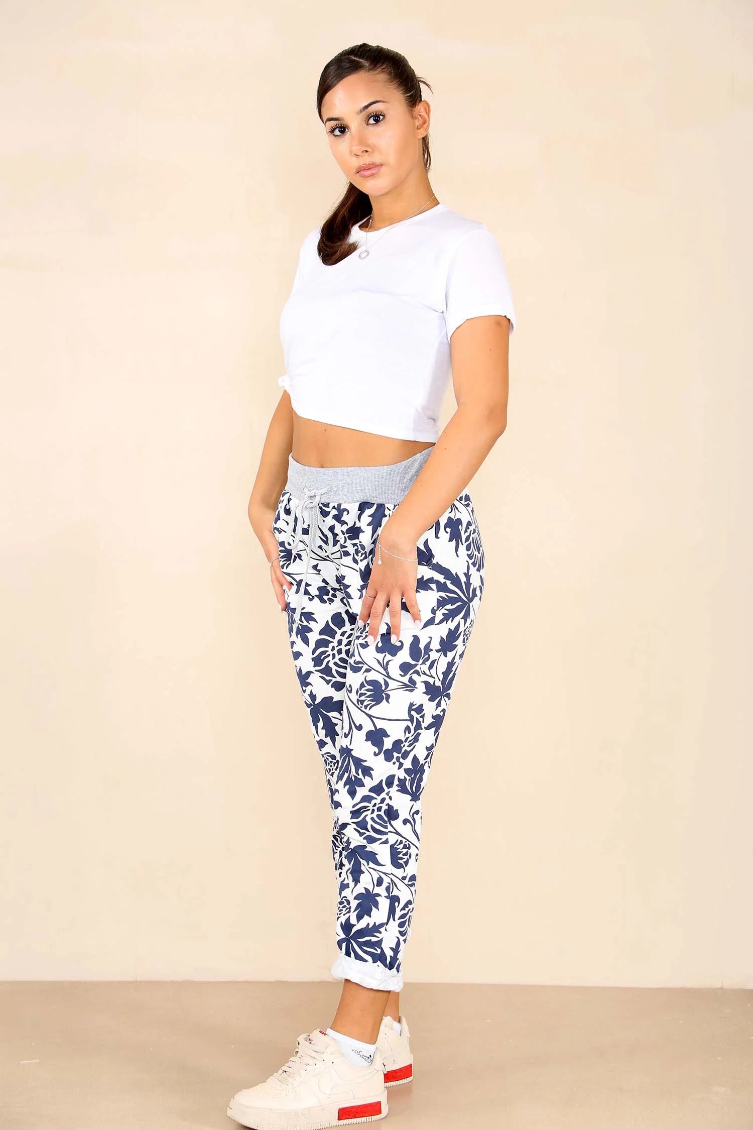 Italian Leaf Print Drawstring Cotton Joggers Trouser WearAll