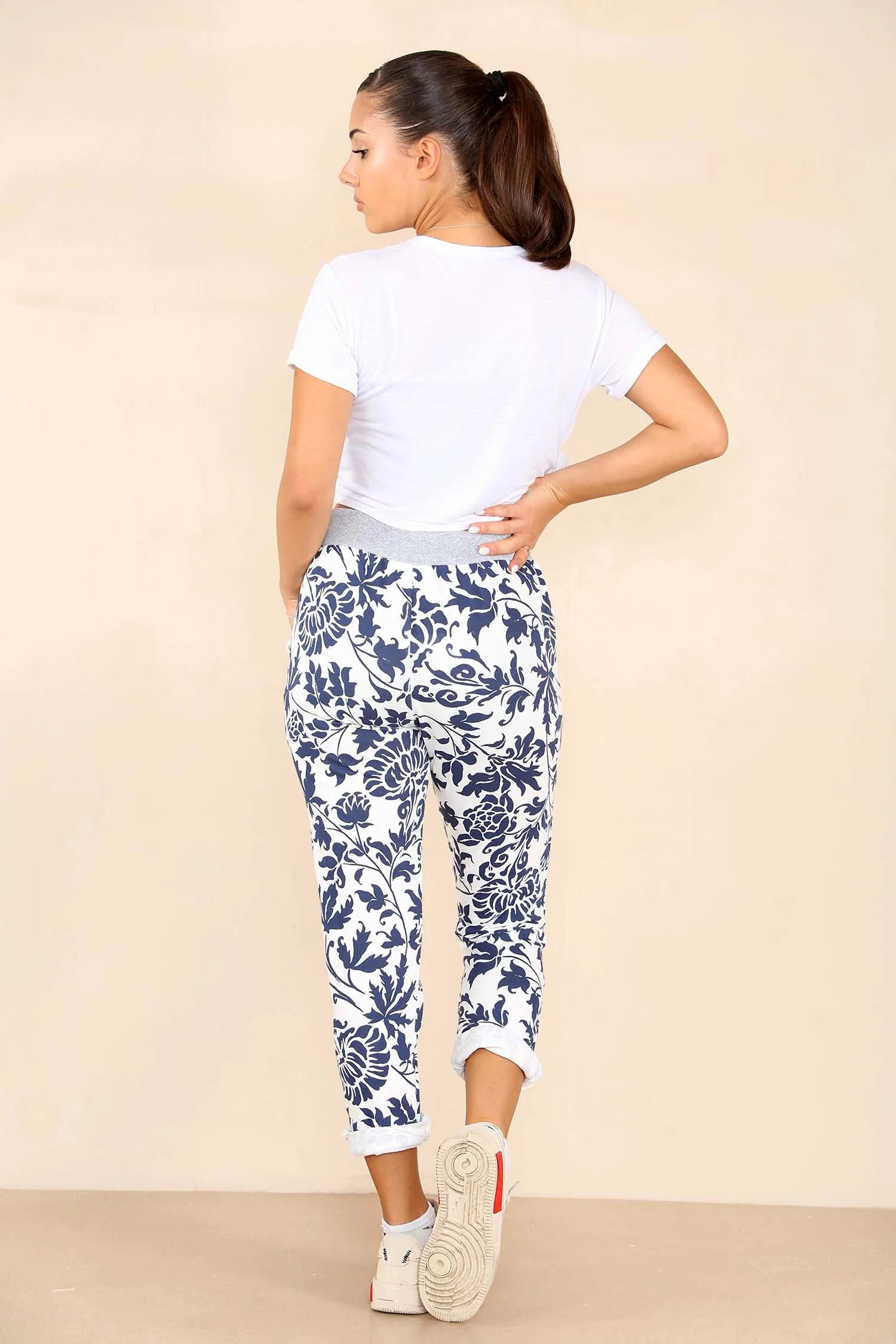 Italian Leaf Print Drawstring Cotton Joggers Trouser WearAll