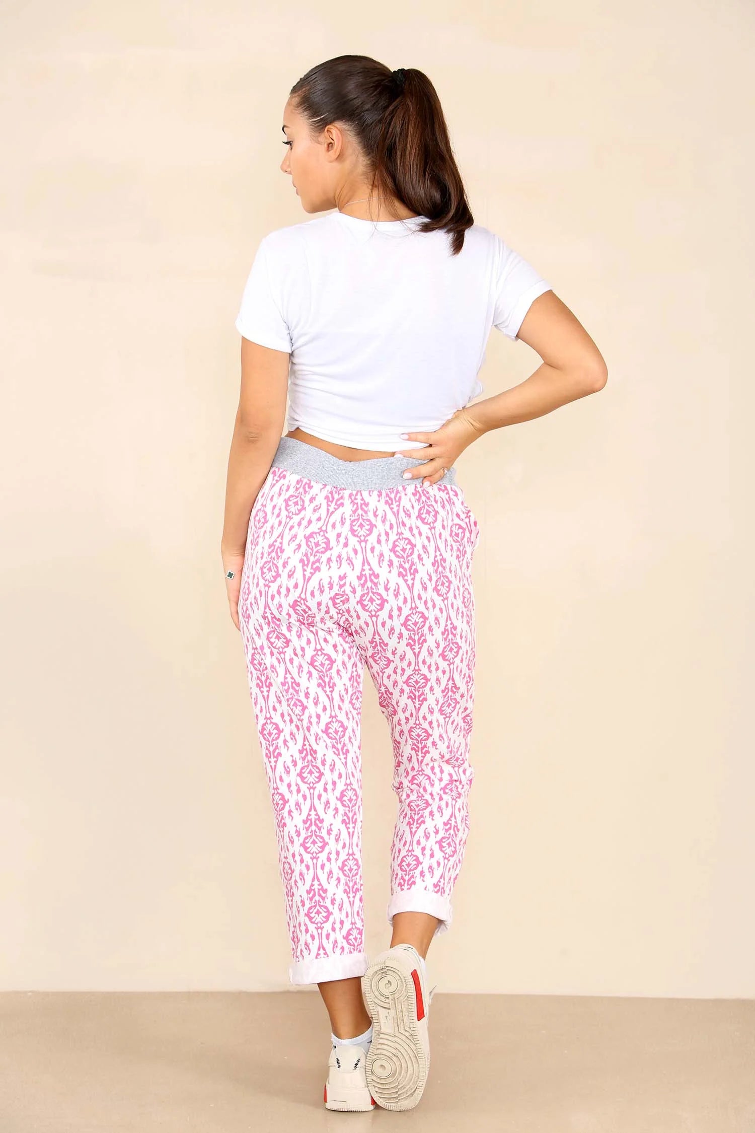 Italian Floral Texture Print Drawstring Cotton Joggers - Baby Pink Trouser WearAll