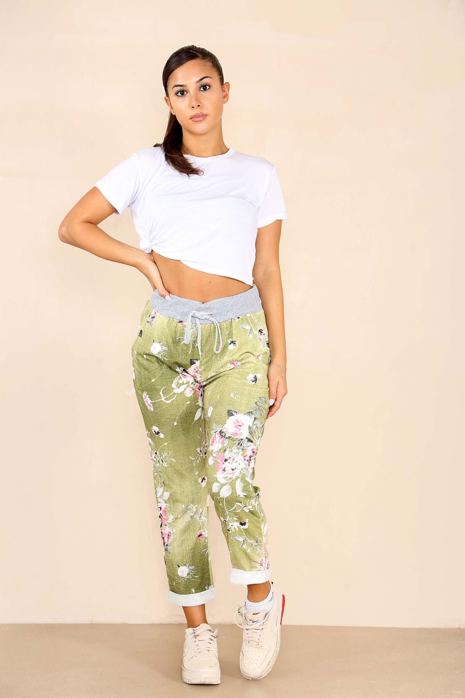 Italian Floral Print Drawstring Cotton Joggers - Black Blue Pink Pista Lime Green Trousers WearAll
