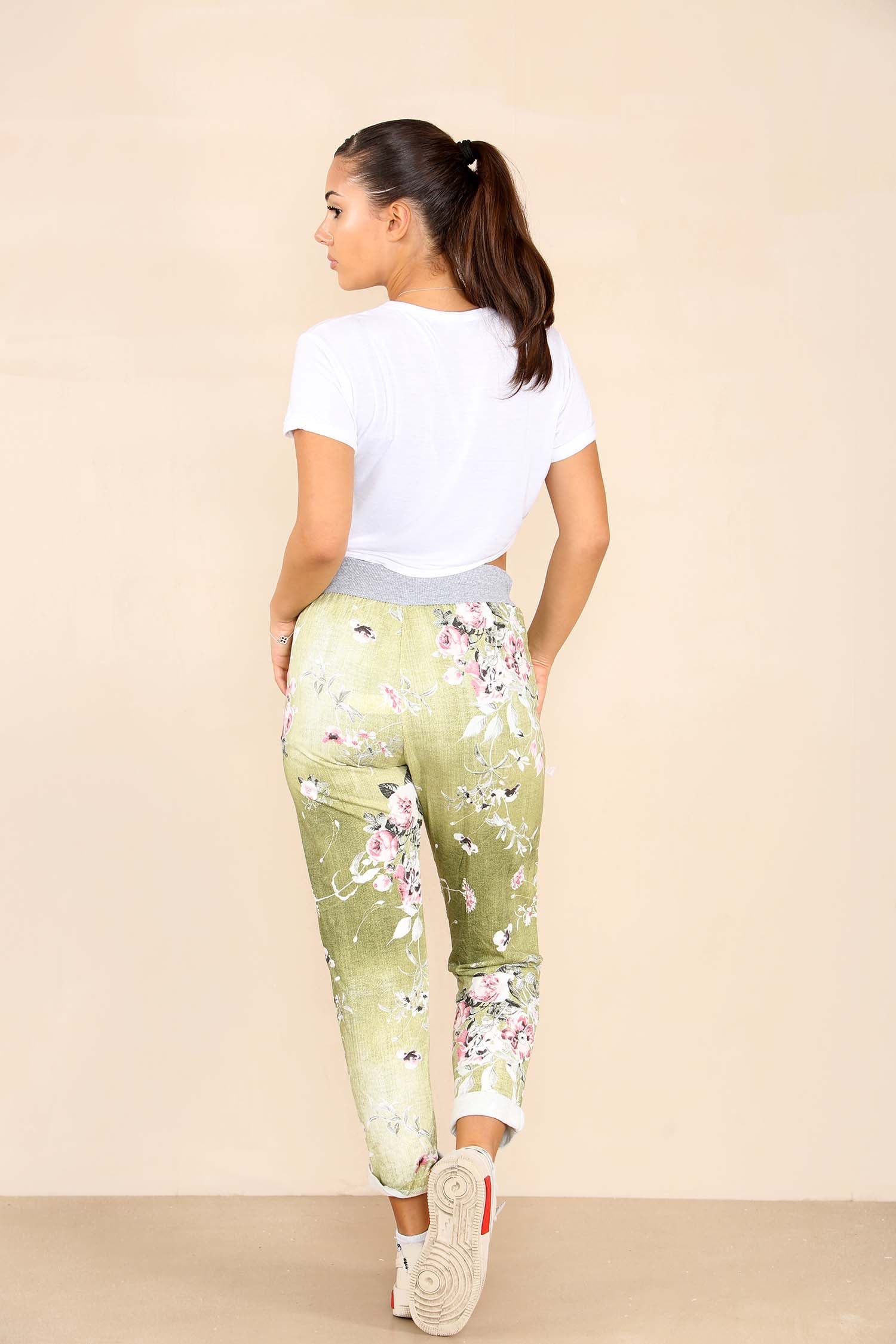 Italian Floral Print Drawstring Cotton Joggers - Black Blue Pink Pista Lime Green Trousers WearAll