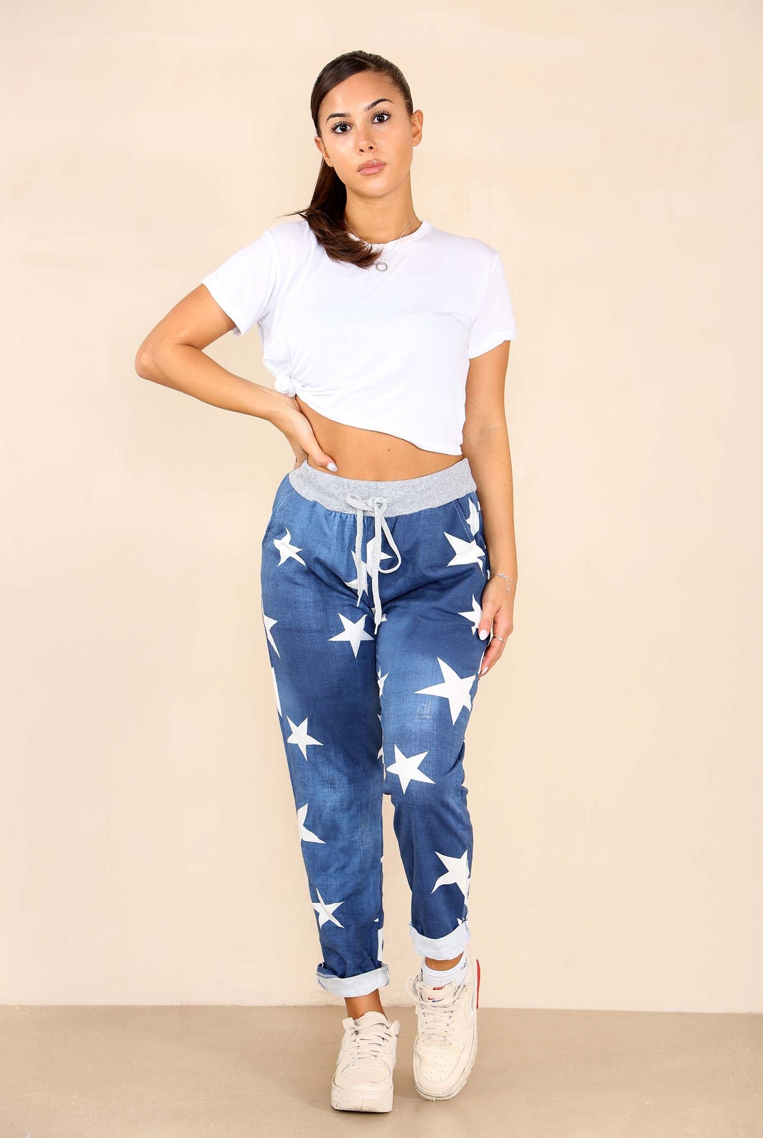 Italian Star Print Drawstring Cotton Joggers Trousers WearAll