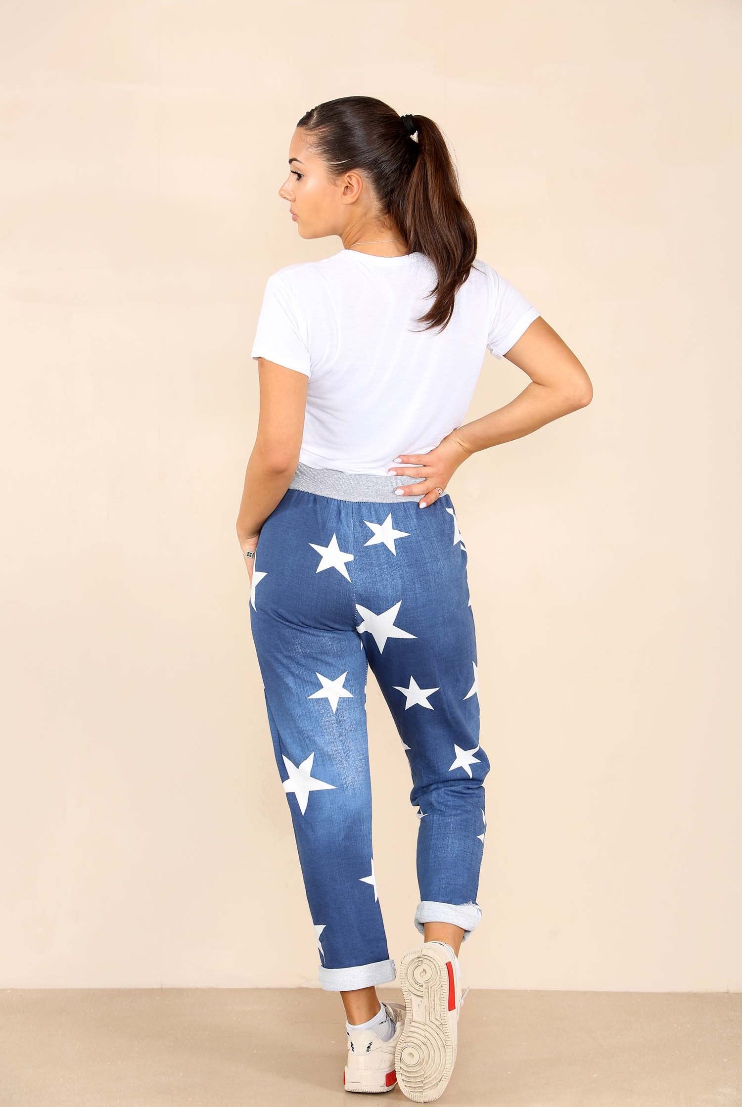 Italian Star Print Drawstring Cotton Joggers Trousers WearAll
