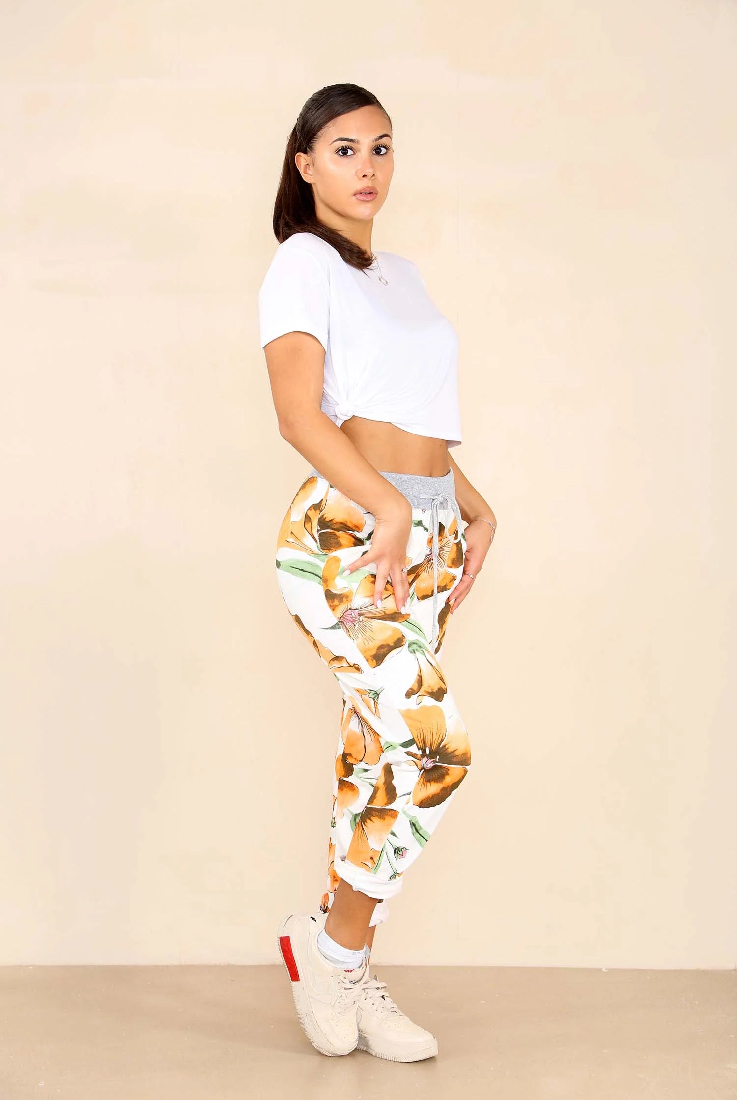 Italian Floral Print Drawstring Cotton Joggers Trouser WearAll