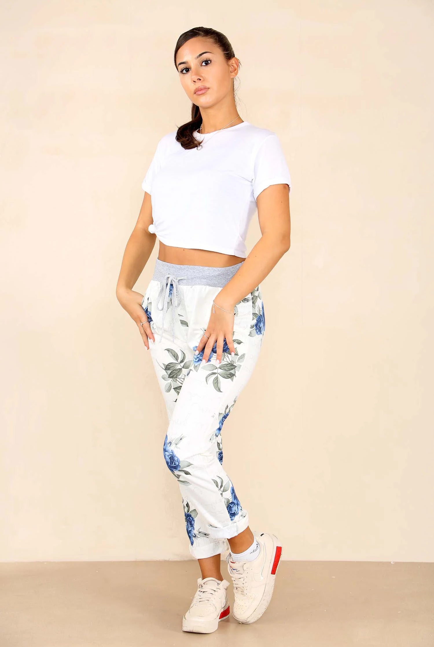 Italian Floral Print Drawstring Cotton Joggers - Pink & Blue Trouser WearAll