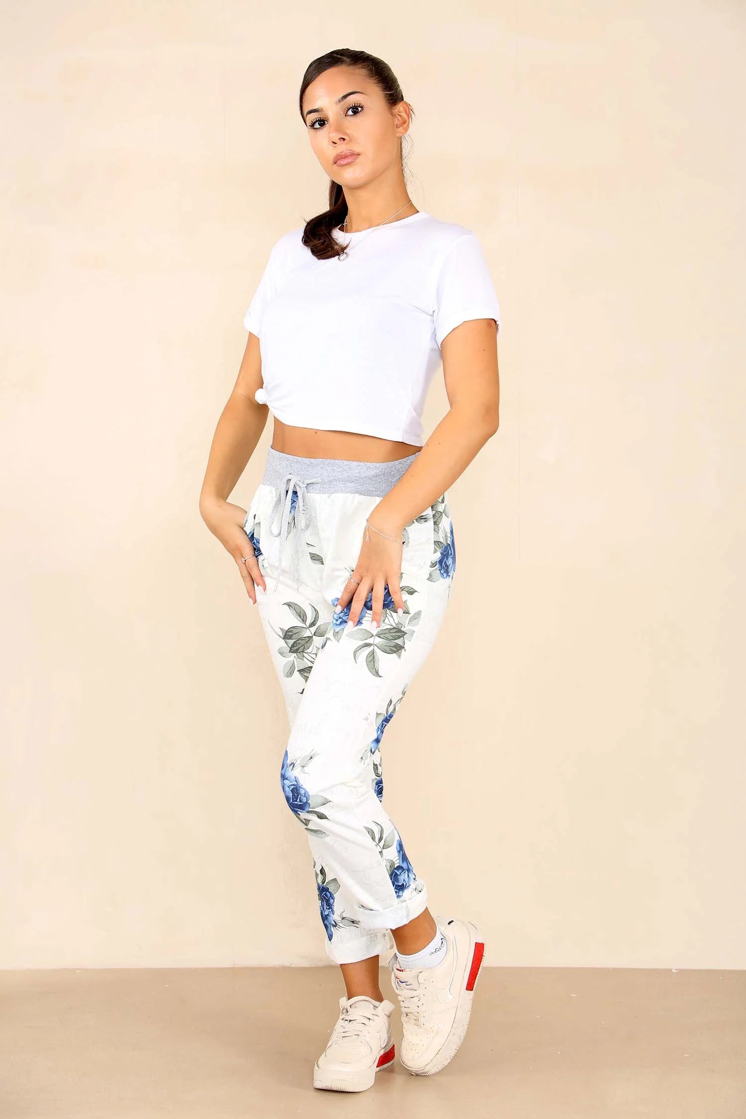 Italian Floral Print Drawstring Cotton Joggers - Pink & Blue Trouser WearAll