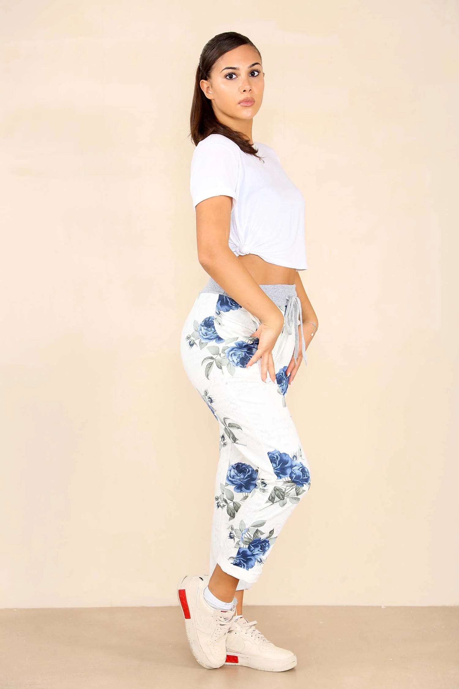 Italian Floral Print Drawstring Cotton Joggers - Pink & Blue Trouser WearAll