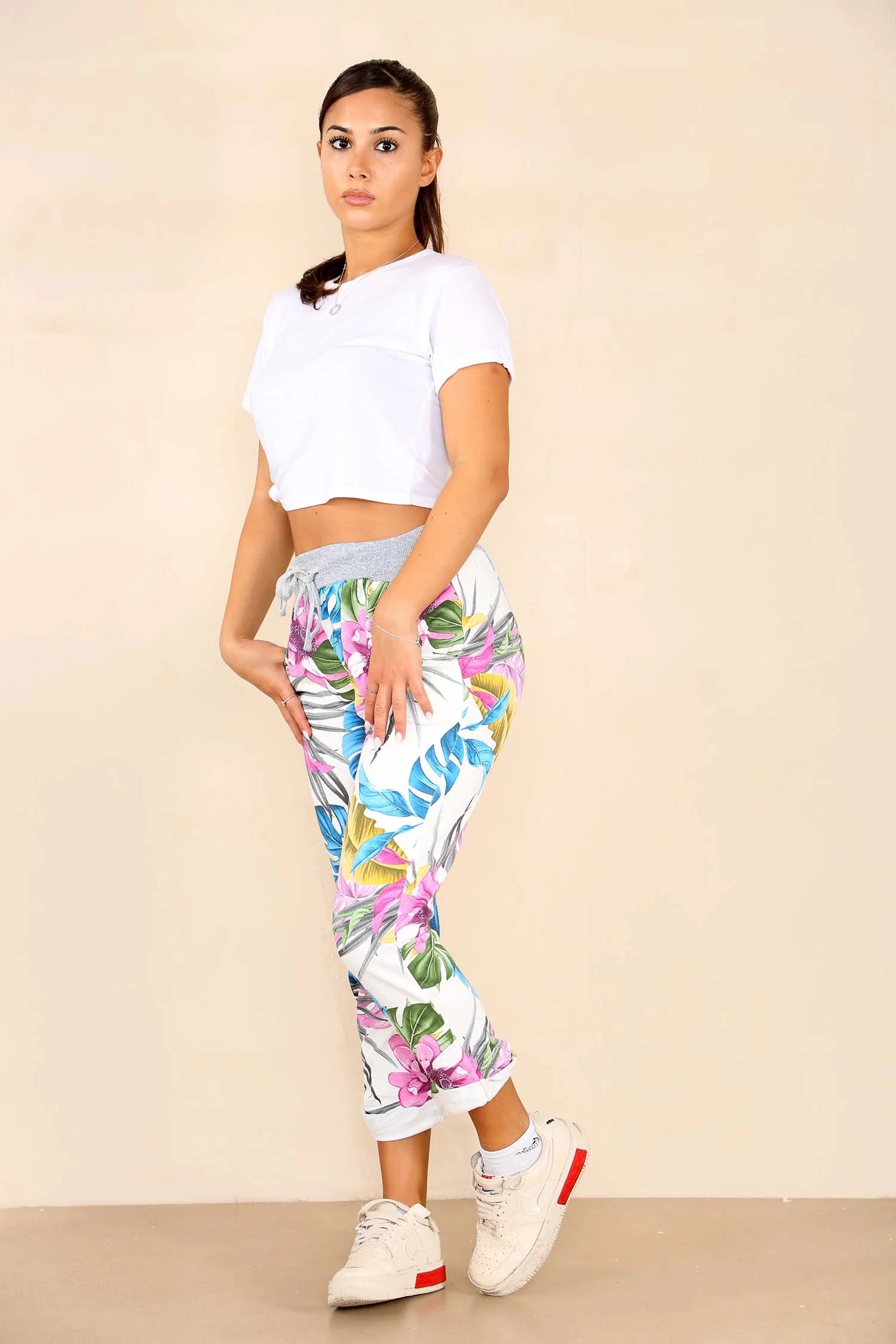 Italian Floral Print Drawstring Cotton Joggers - Multi Color Trouser WearAll