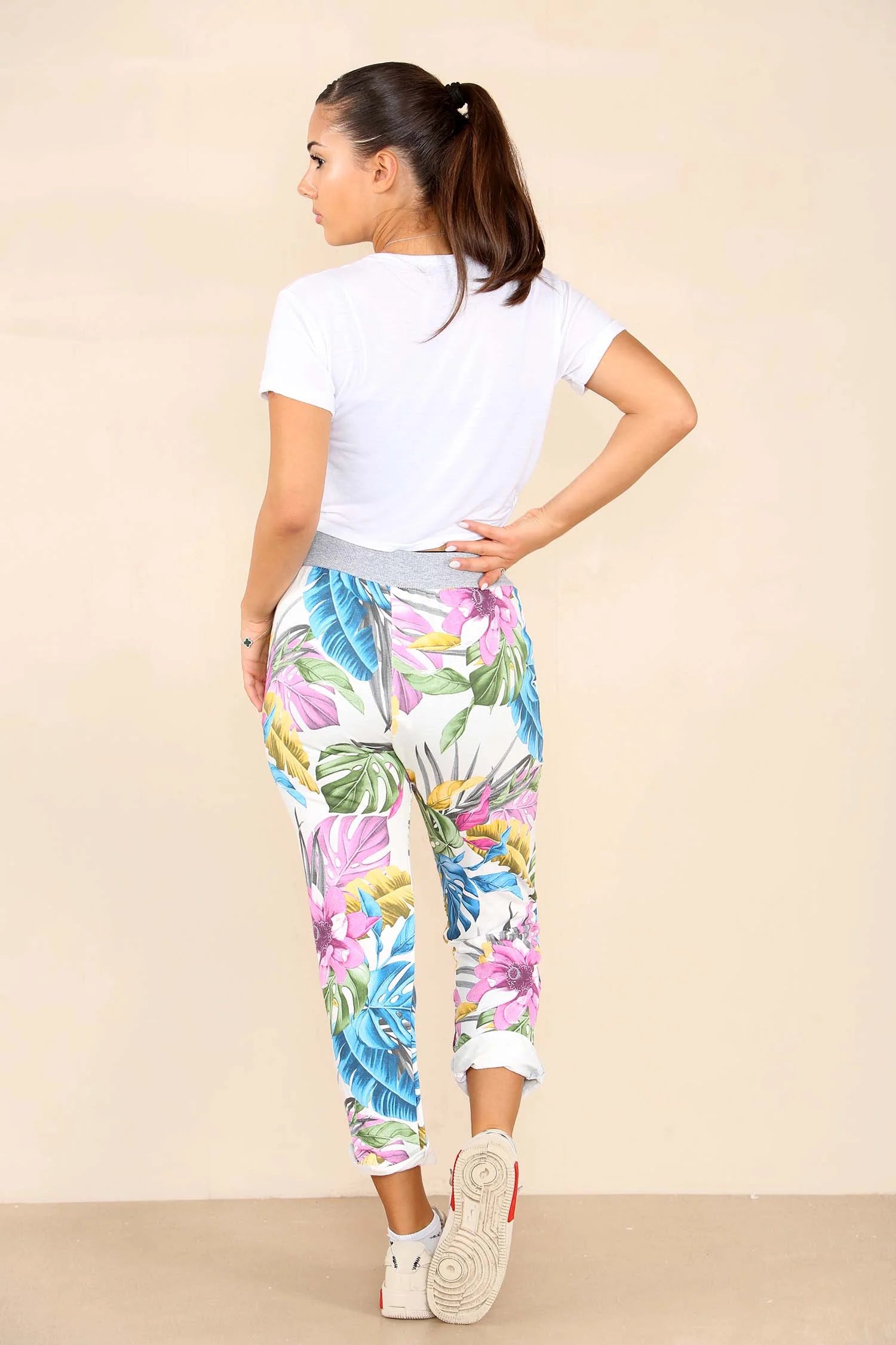 Italian Floral Print Drawstring Cotton Joggers - Multi Color Trouser WearAll