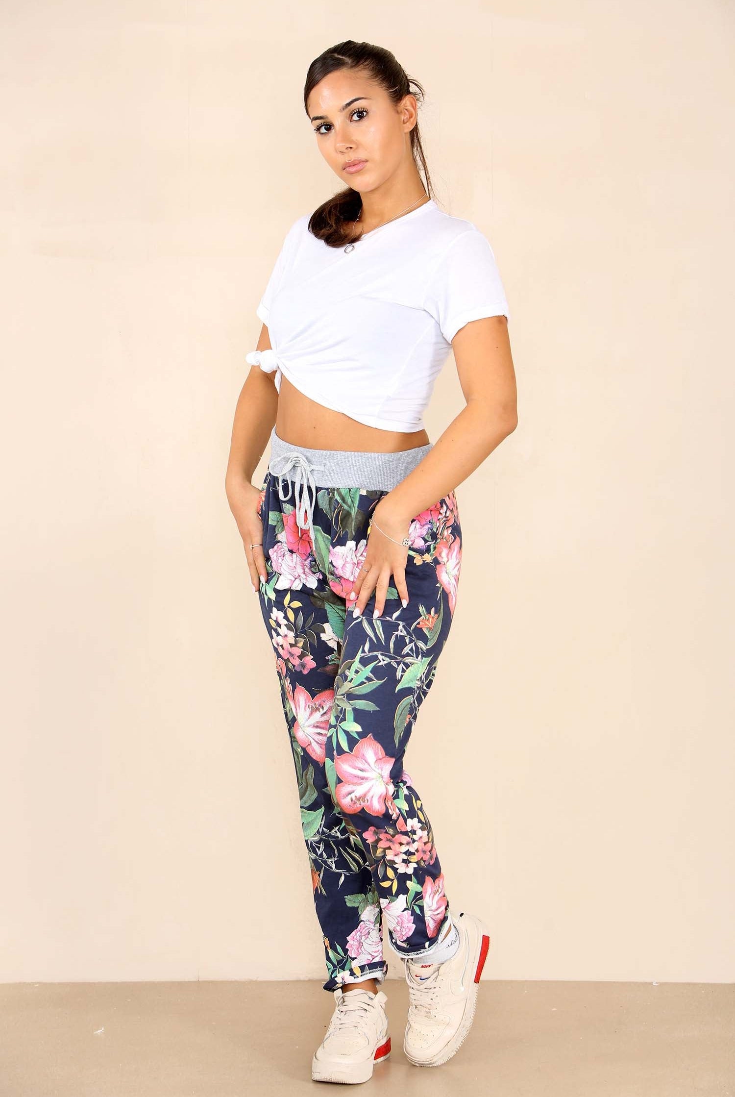 Italian Floral Print Drawstring Cotton Joggers - Blue Trousers WearAll