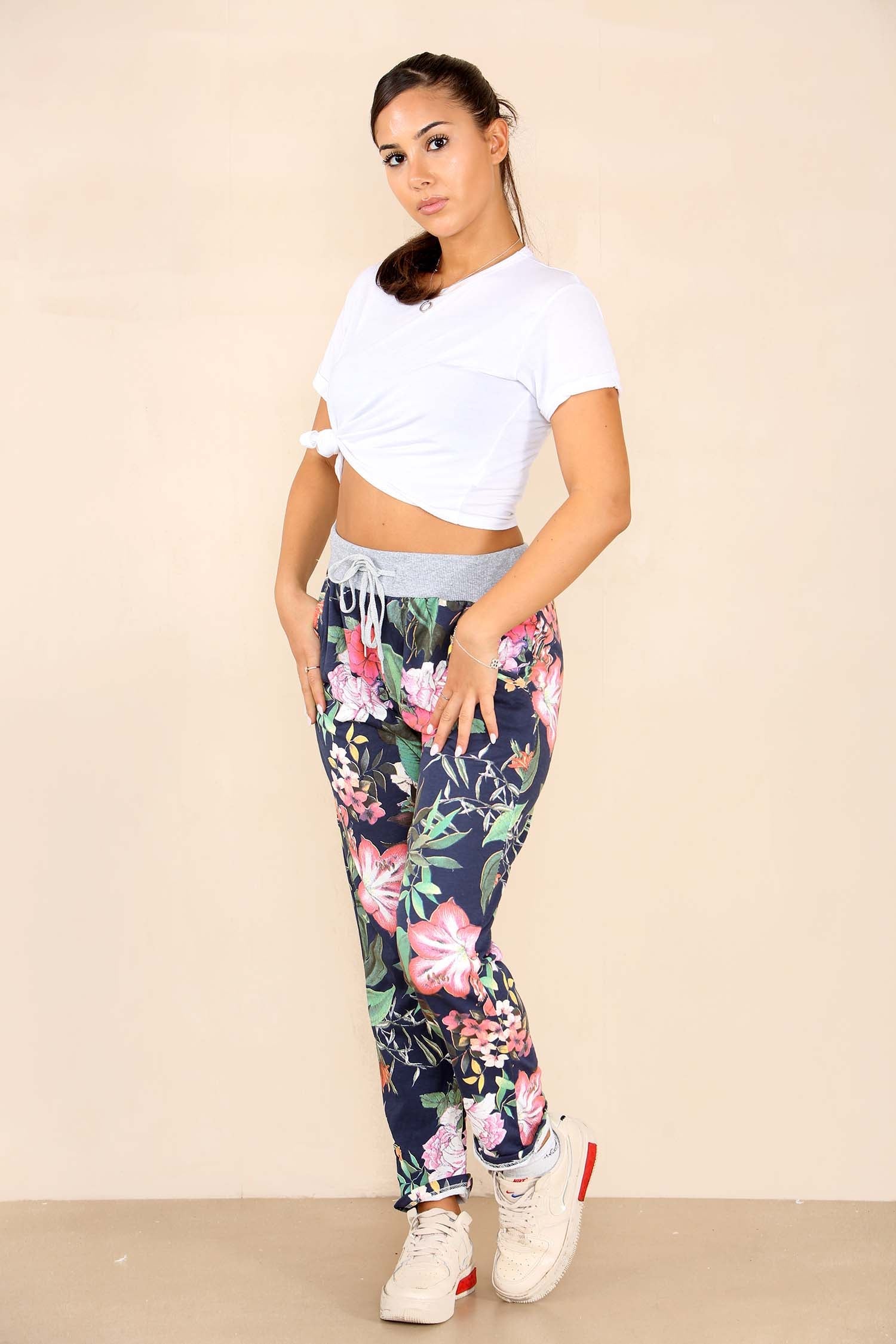 Italian Floral Print Drawstring Cotton Joggers - Blue Trousers WearAll
