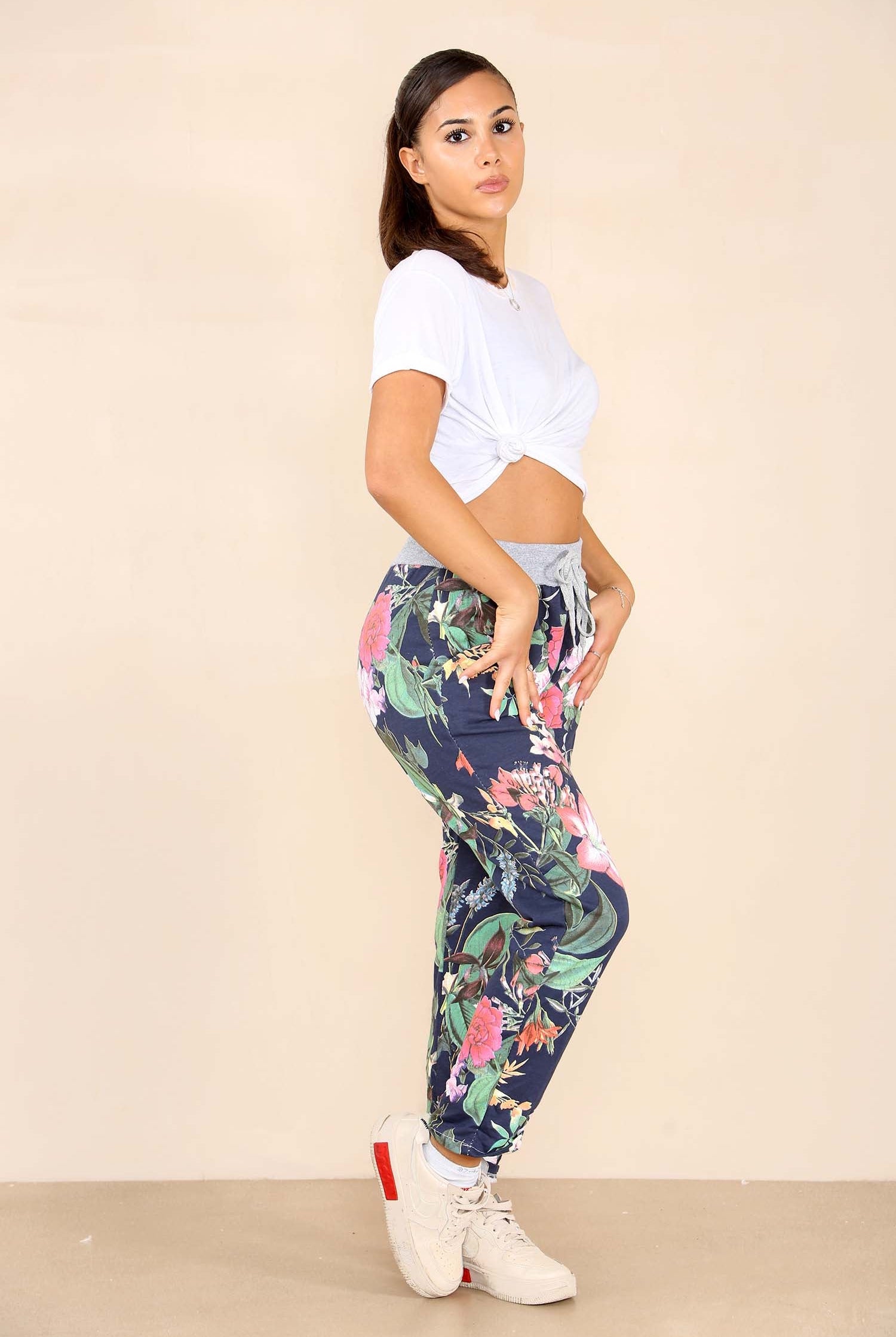 Italian Floral Print Drawstring Cotton Joggers - Blue Trousers WearAll