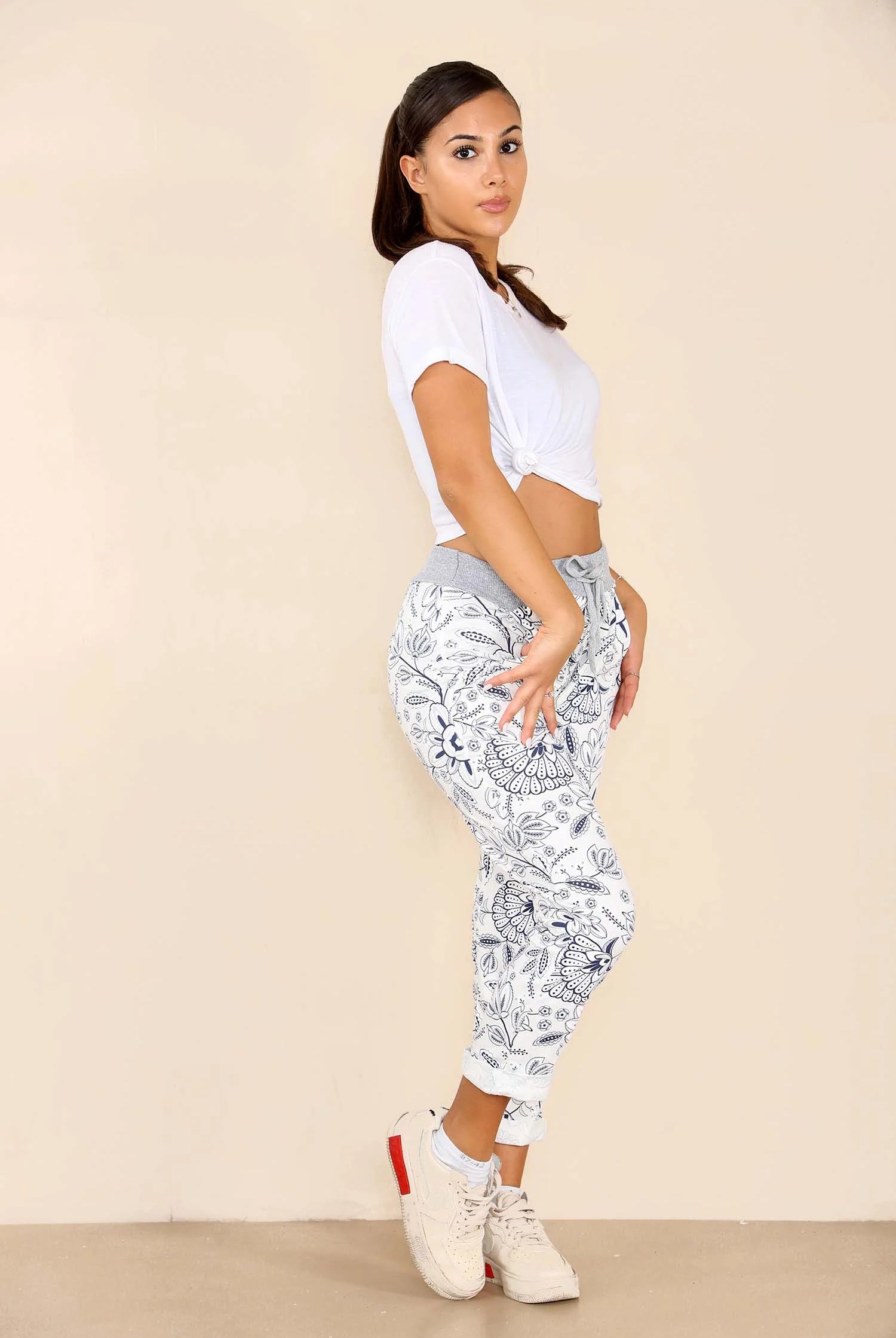 Italian Flower Bale Print Drawstring Cotton Joggers Trouser WearAll