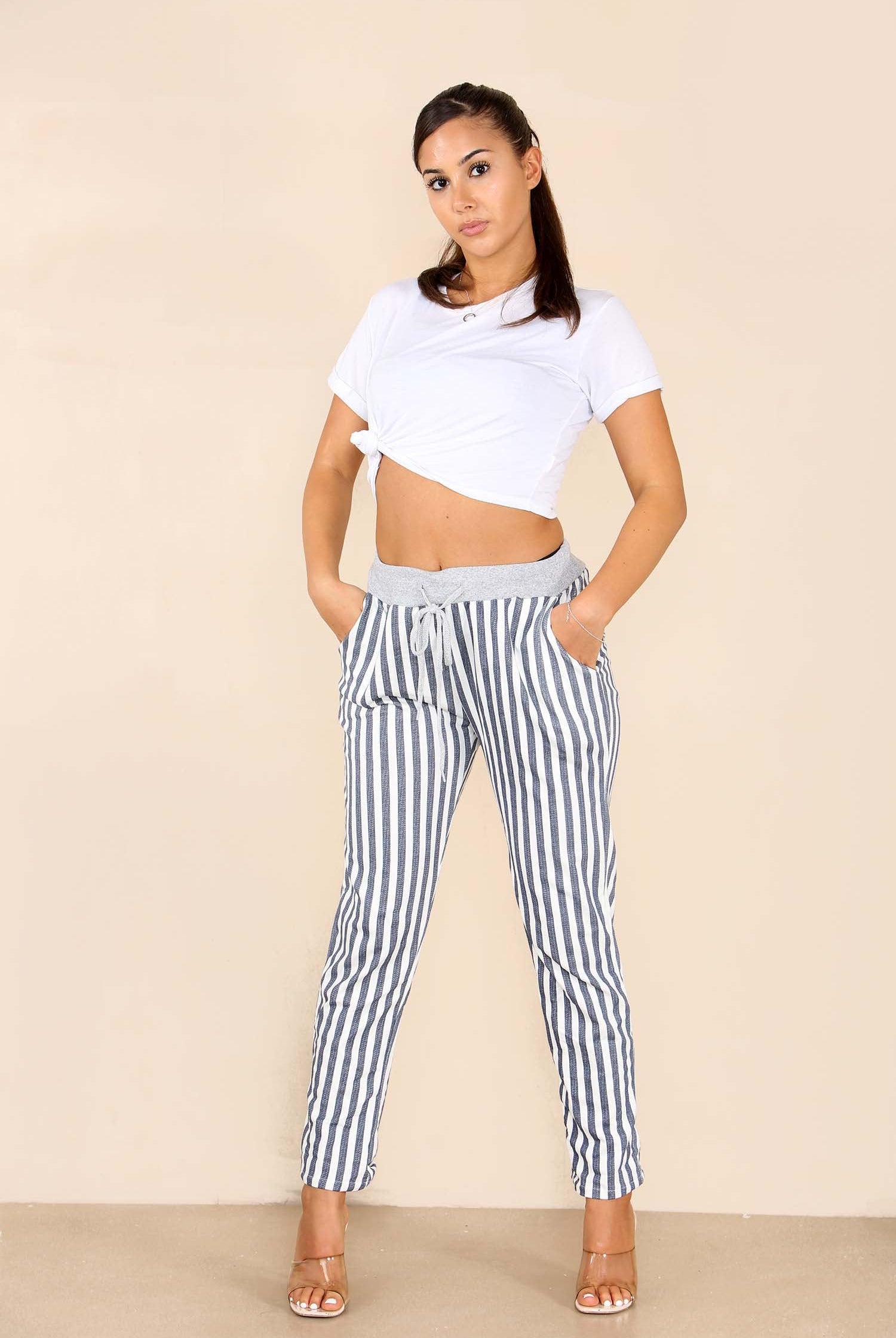 Italian Stripe Print Drawstring Cotton Joggers Trousers WearAll