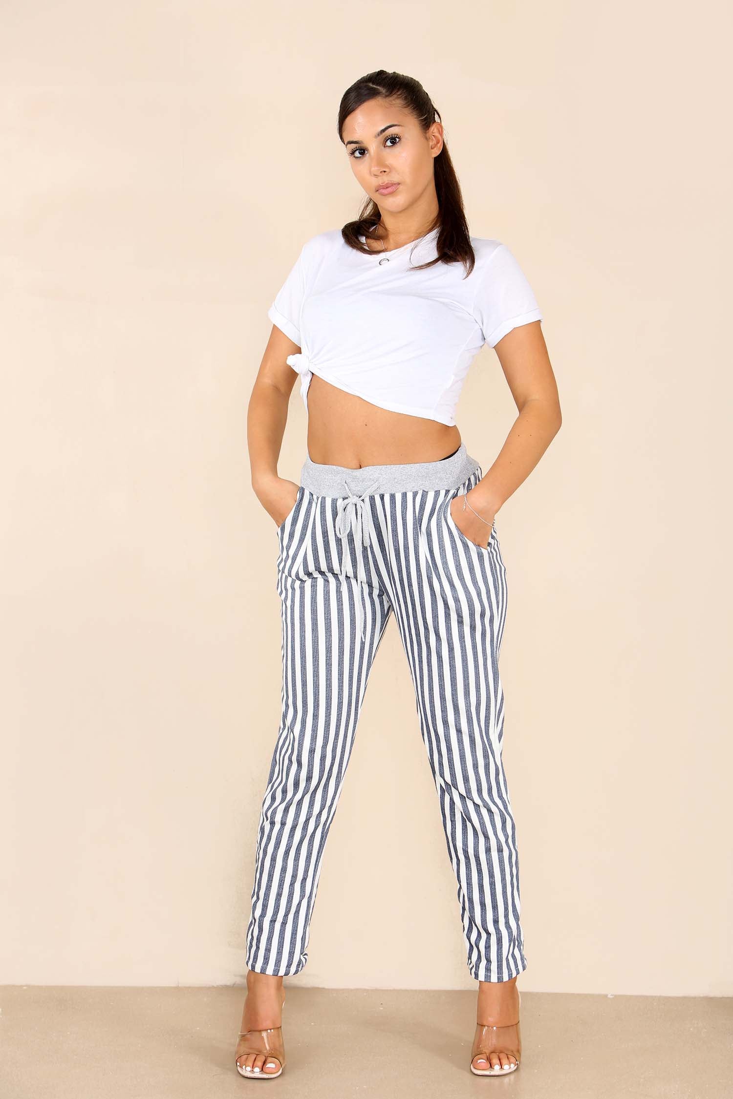Italian Stripe Print Drawstring Cotton Joggers Trousers WearAll