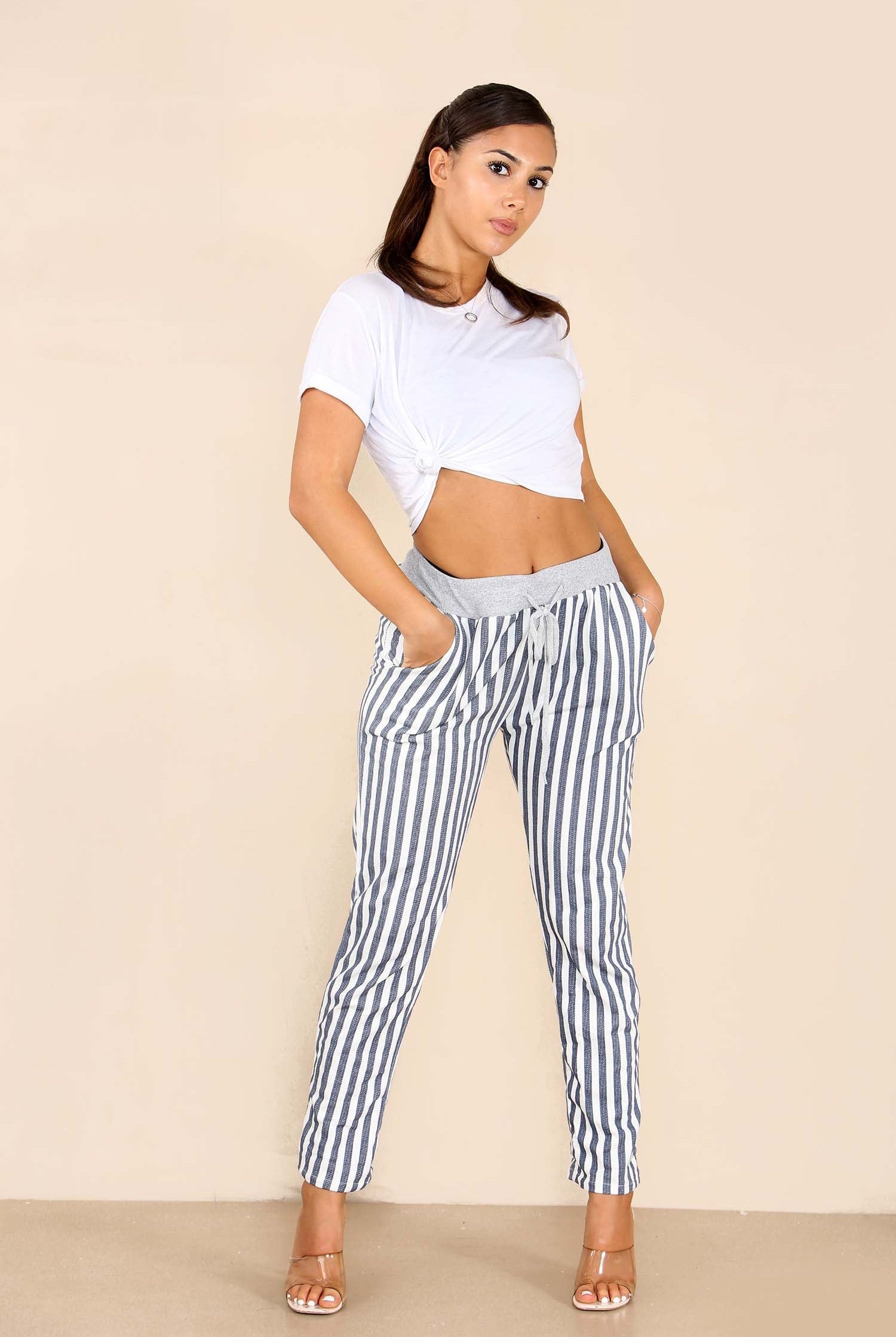 Italian Stripe Print Drawstring Cotton Joggers Trousers WearAll