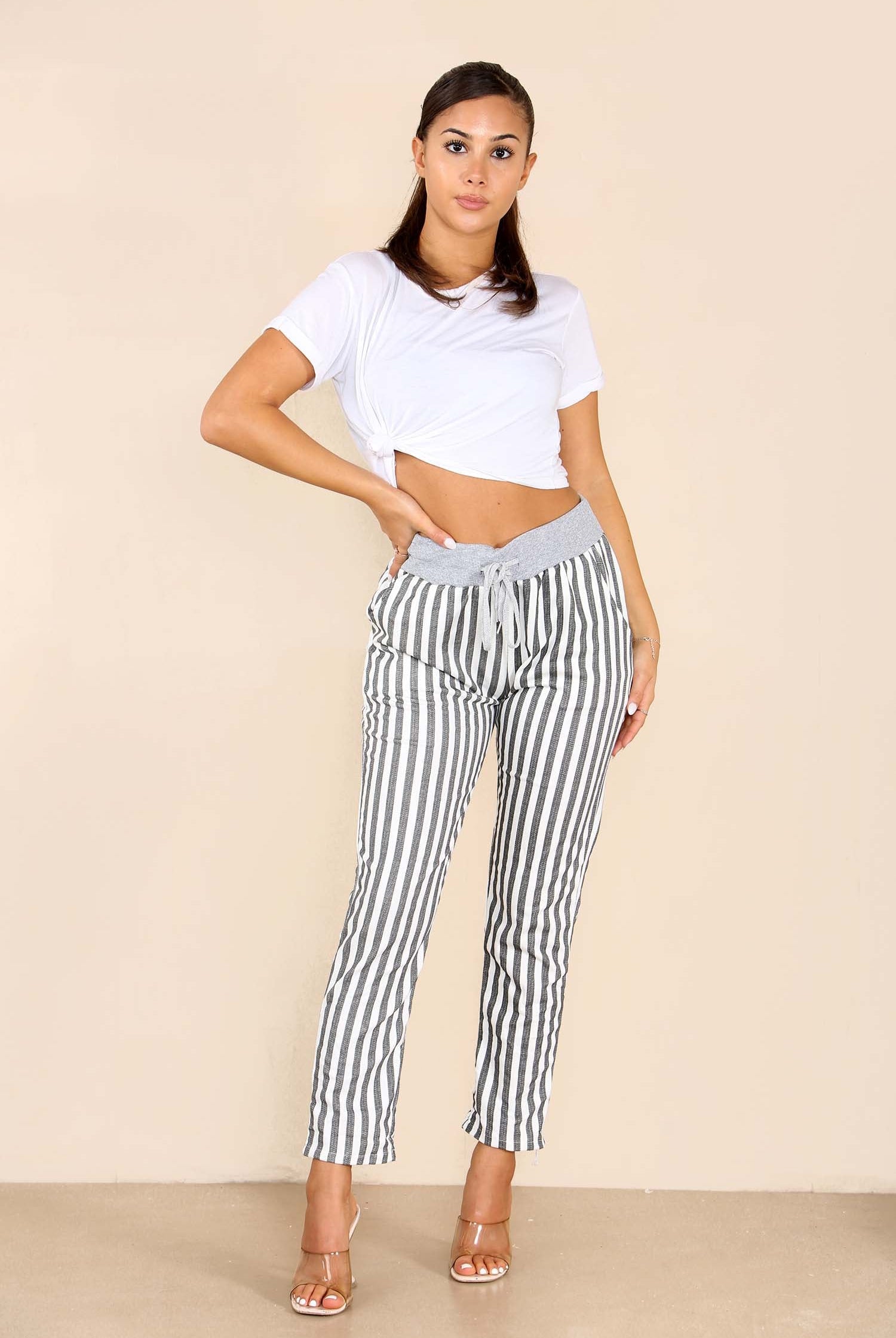 Italian Stripe Print Drawstring Cotton Joggers Trousers WearAll