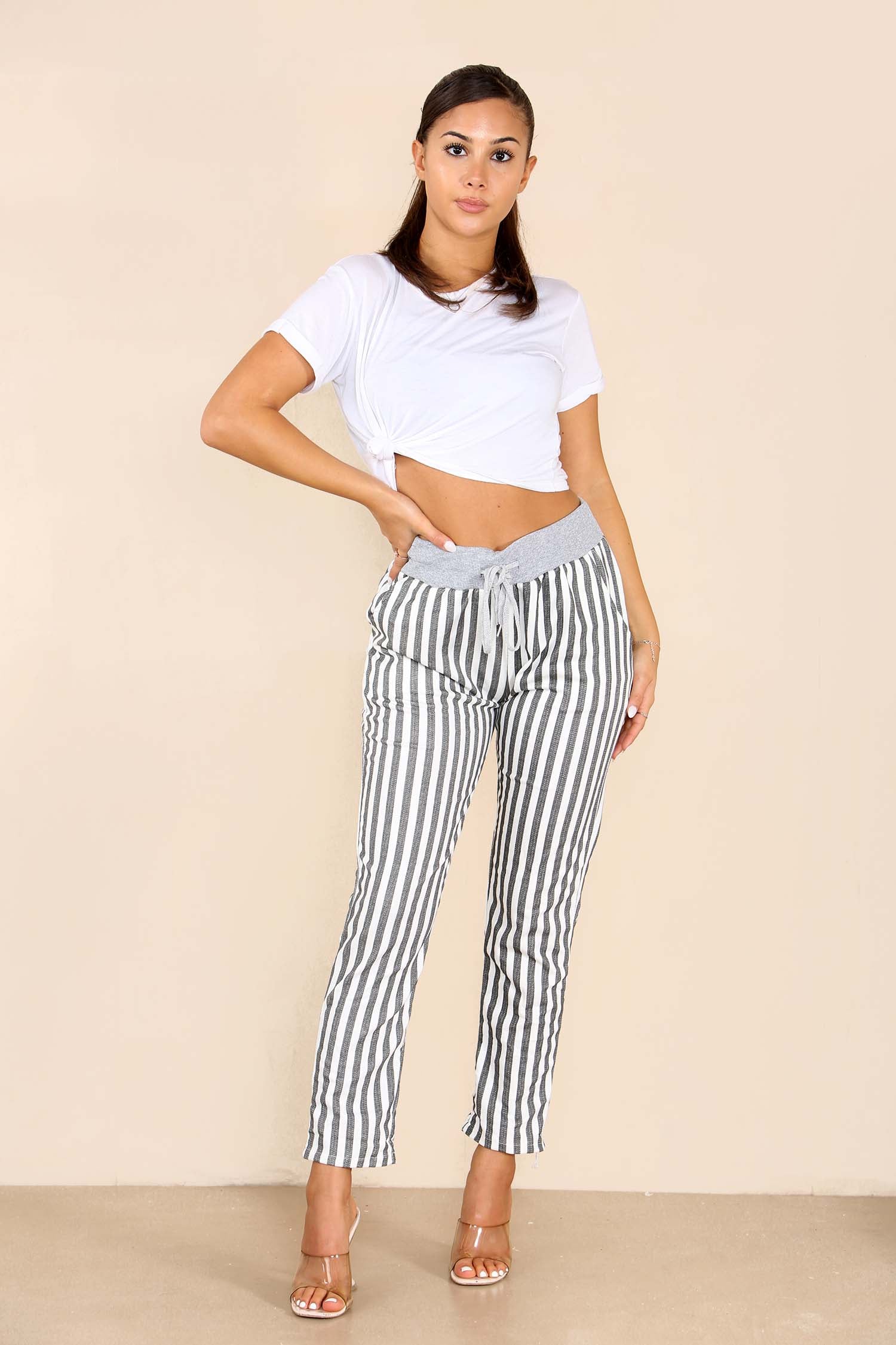 Italian Stripe Print Drawstring Cotton Joggers Trousers WearAll